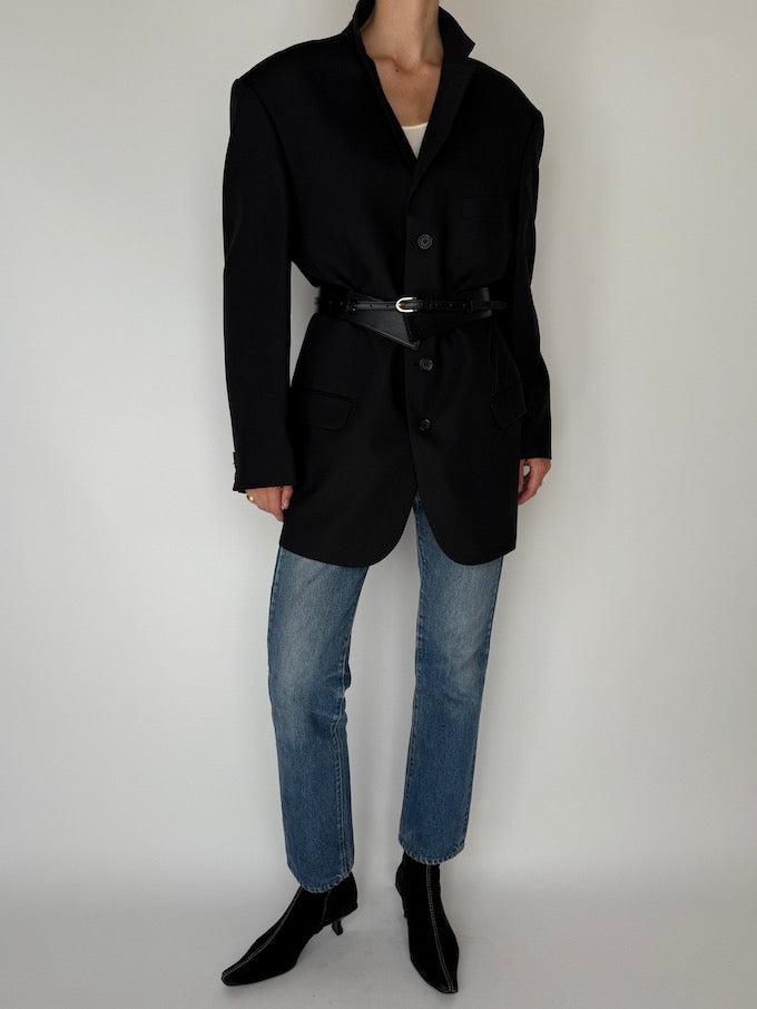 Vintage Oversized Faded Pinstripe Wool Blazer Black 5944