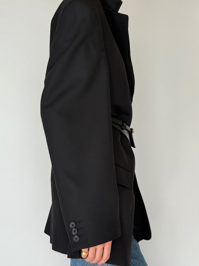 Vintage Oversized Faded Pinstripe Wool Blazer Black 5944