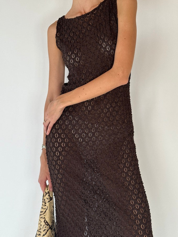 Vintage Chocolate Crochet Maxi Dress 6306