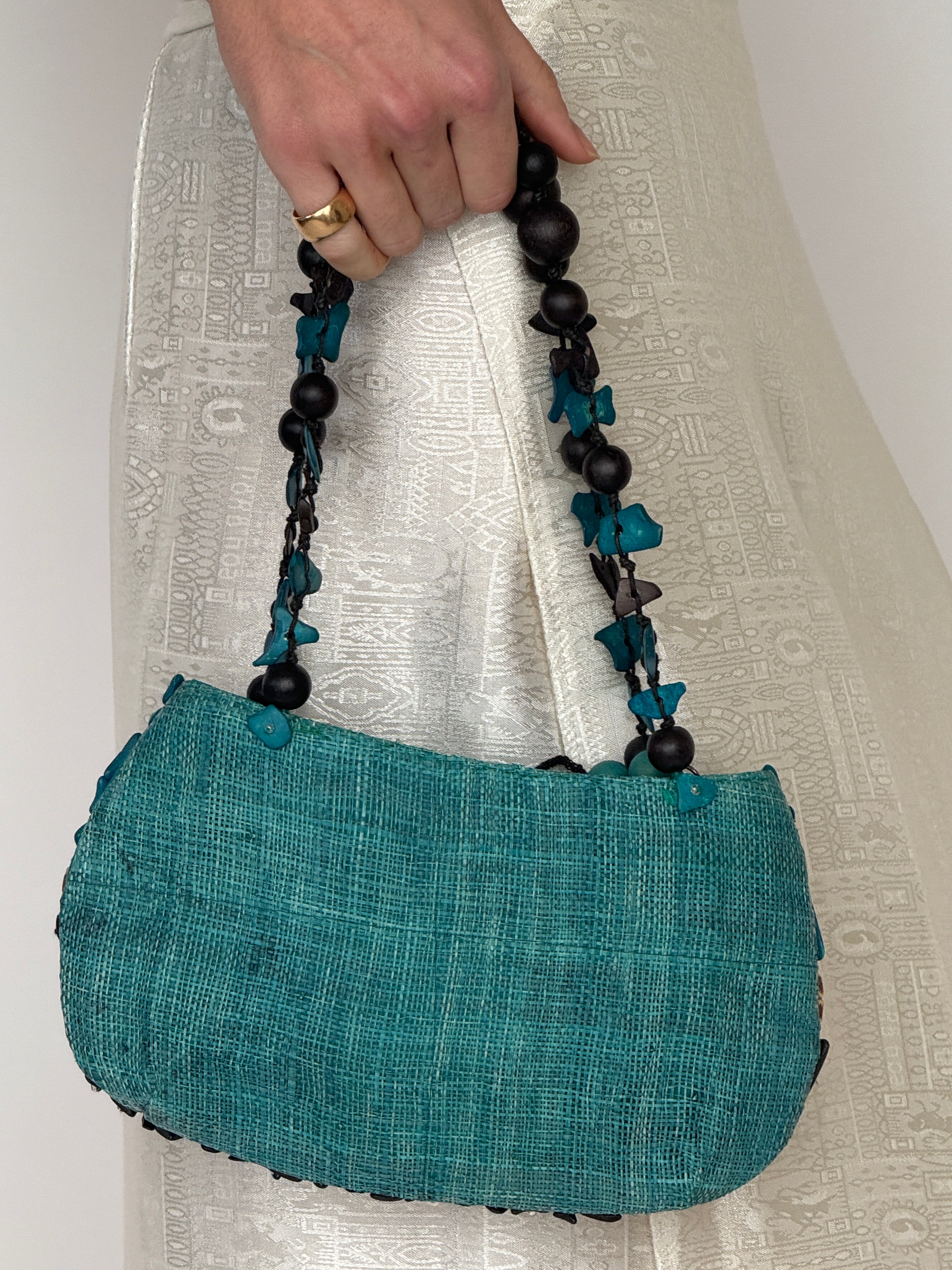 Vintage teal beaded handbag back view