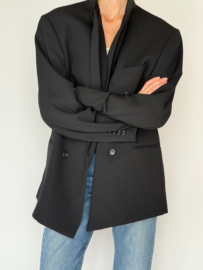 Vintage Oversized Double-Breasted Wool Blazer Black 6355