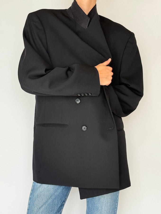 Vintage Oversized Double-Breasted Wool Blazer Black 6355