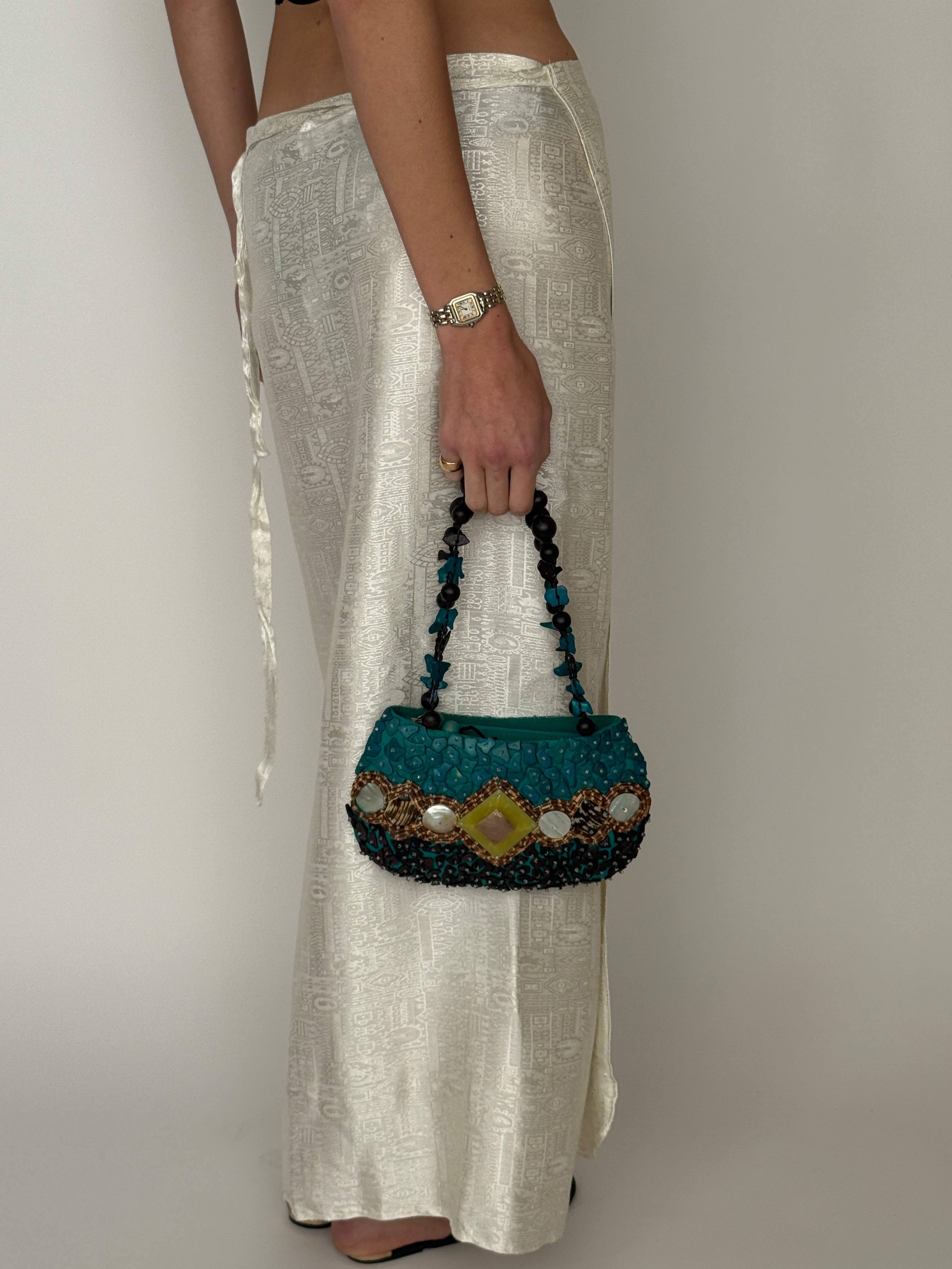 Vintage teal beaded mini handbag front view