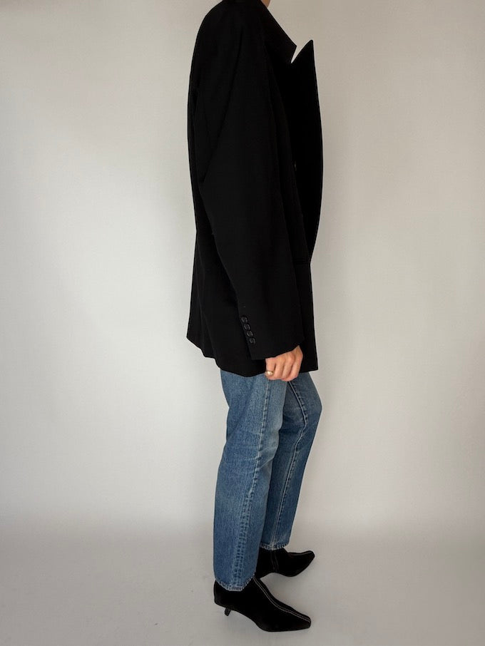 Vintage Oversized Double-Breasted Wool Blazer Black 6355