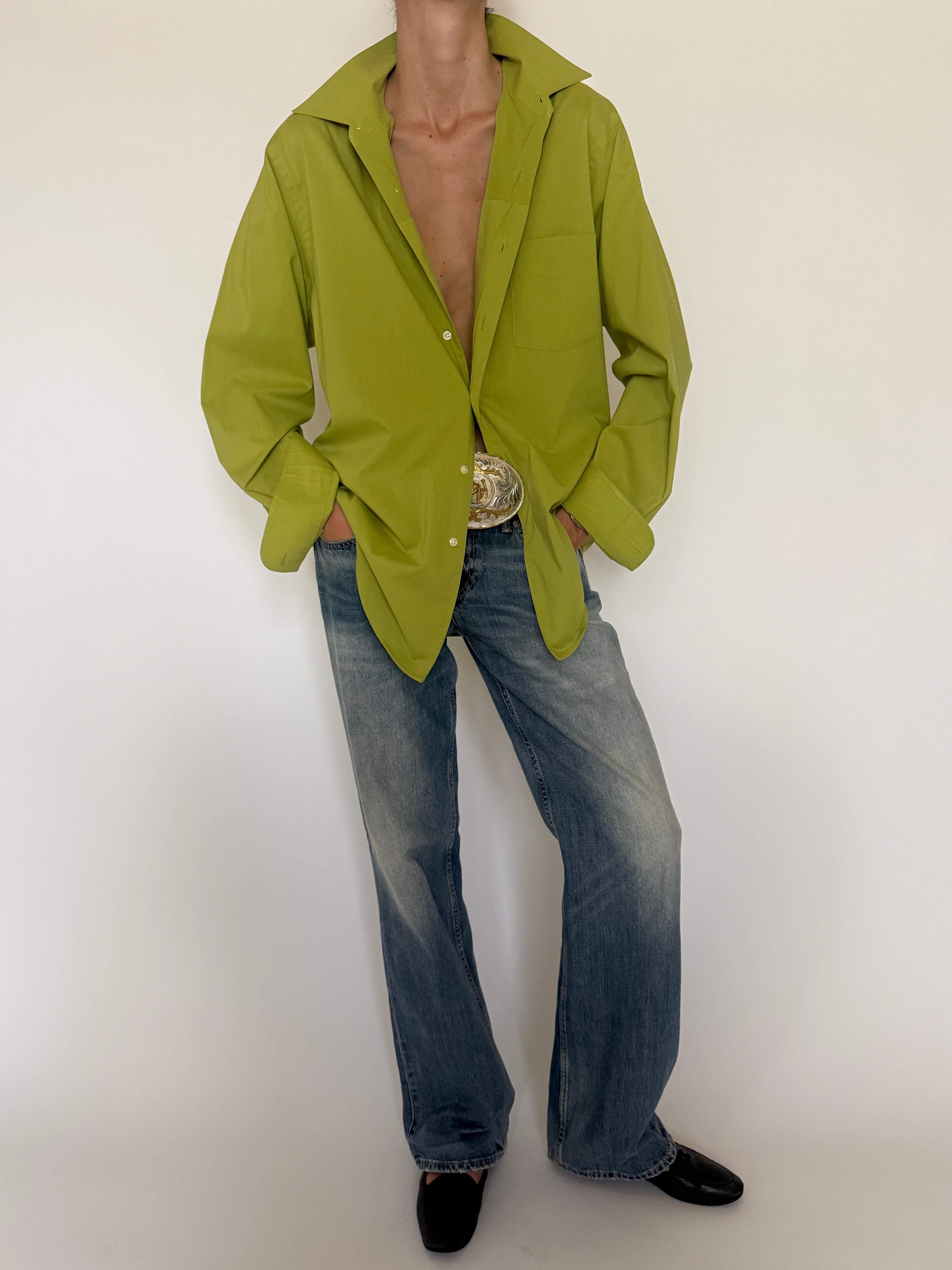 Vintage chartreuse button-up shirt collar detail