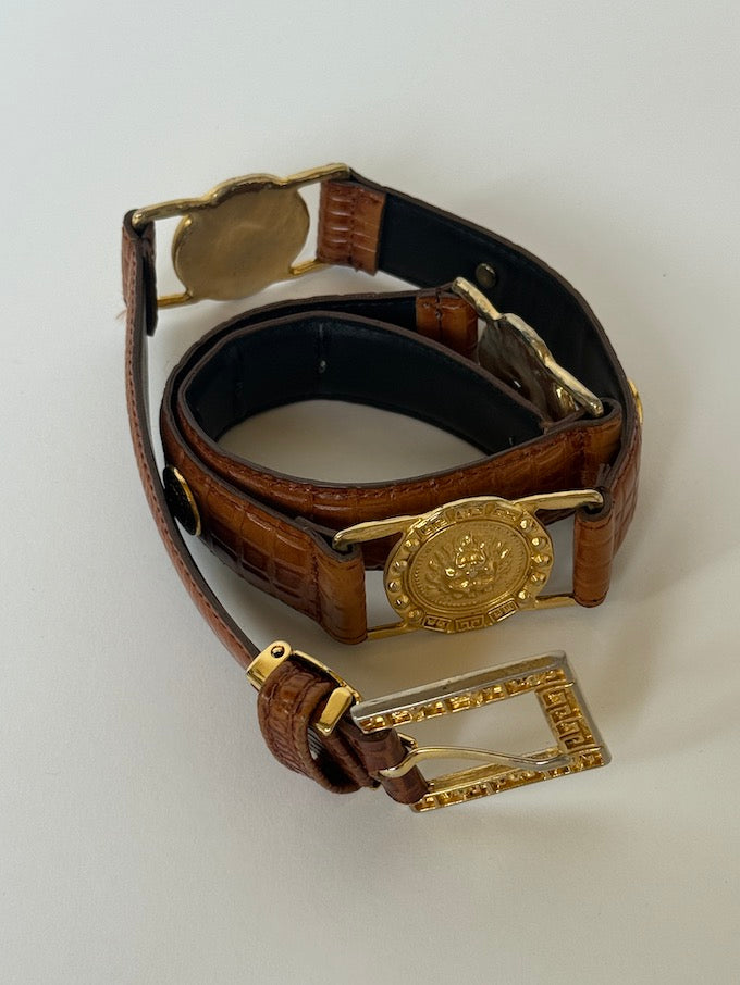 Vintage Gold Medallion & Croc-Embossed Leather Belt Brown