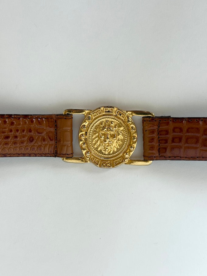 Vintage Gold Medallion & Croc-Embossed Leather Belt Brown