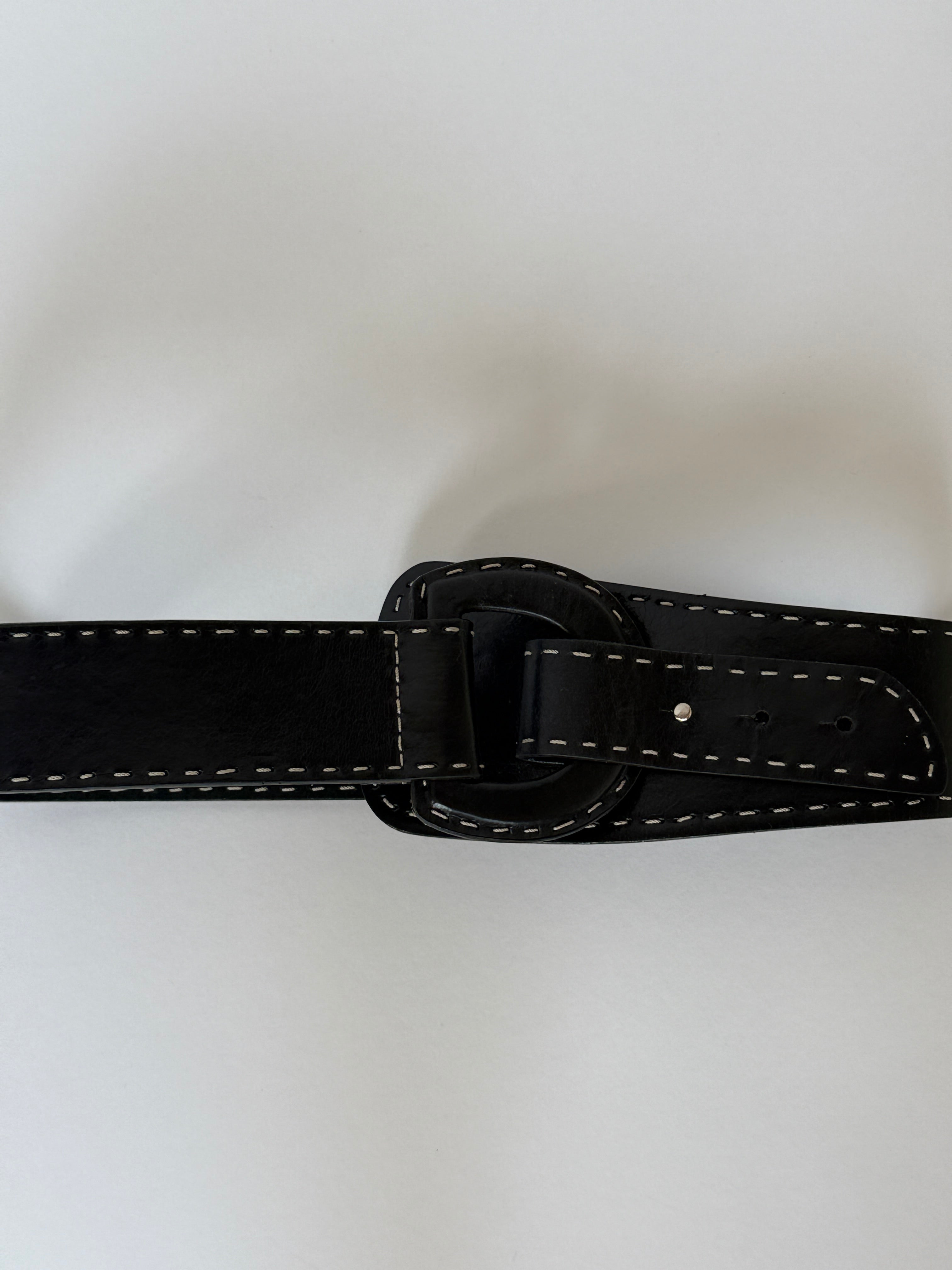 Vintage black Leather Belt with Contrast Stitching