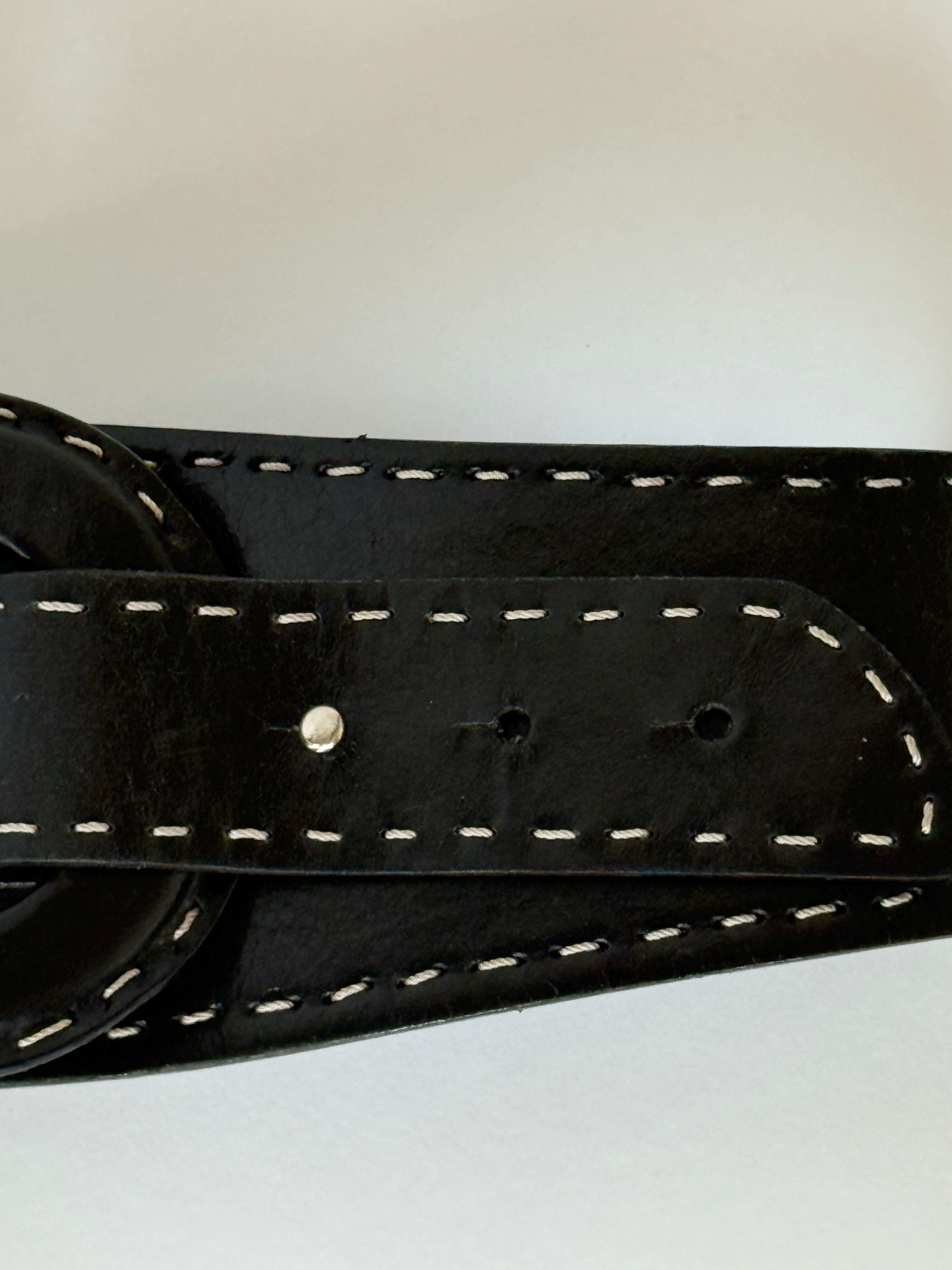 Vintage black Leather Belt with Contrast Stitching