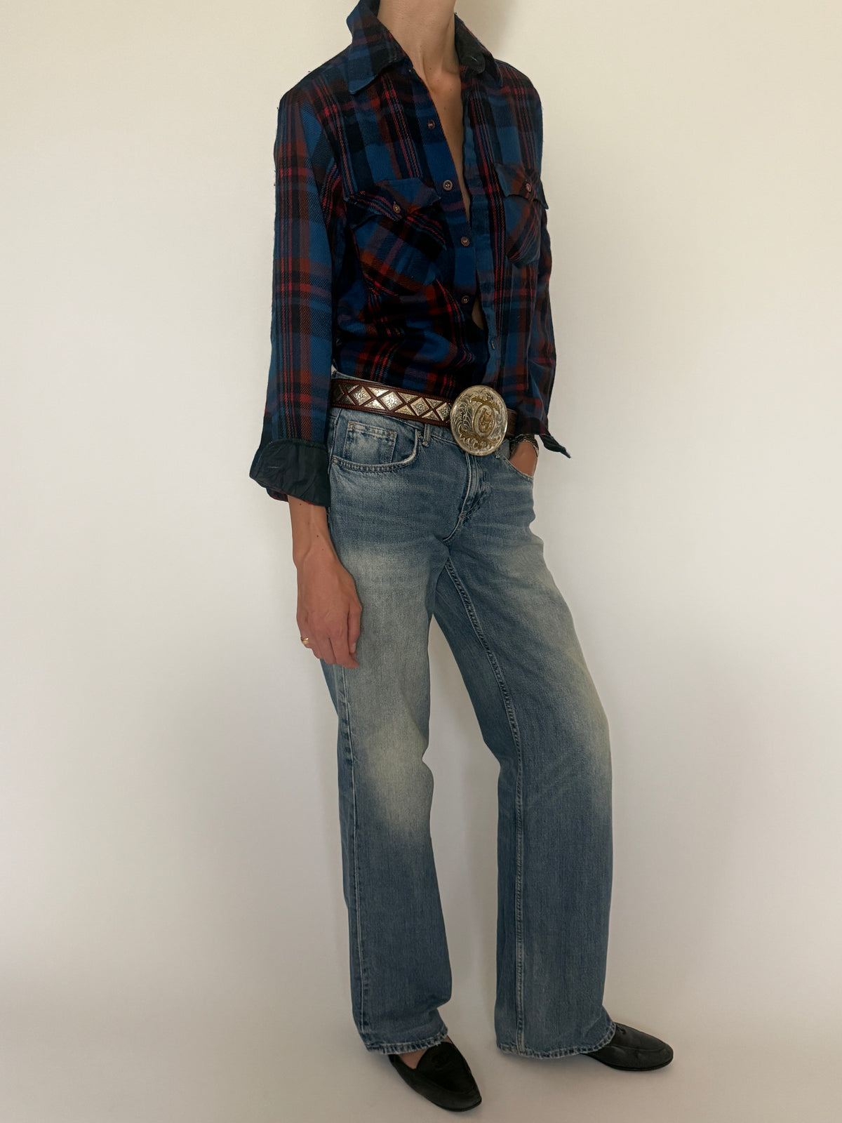 Vintage blue red and black plaid flannel shirt side view