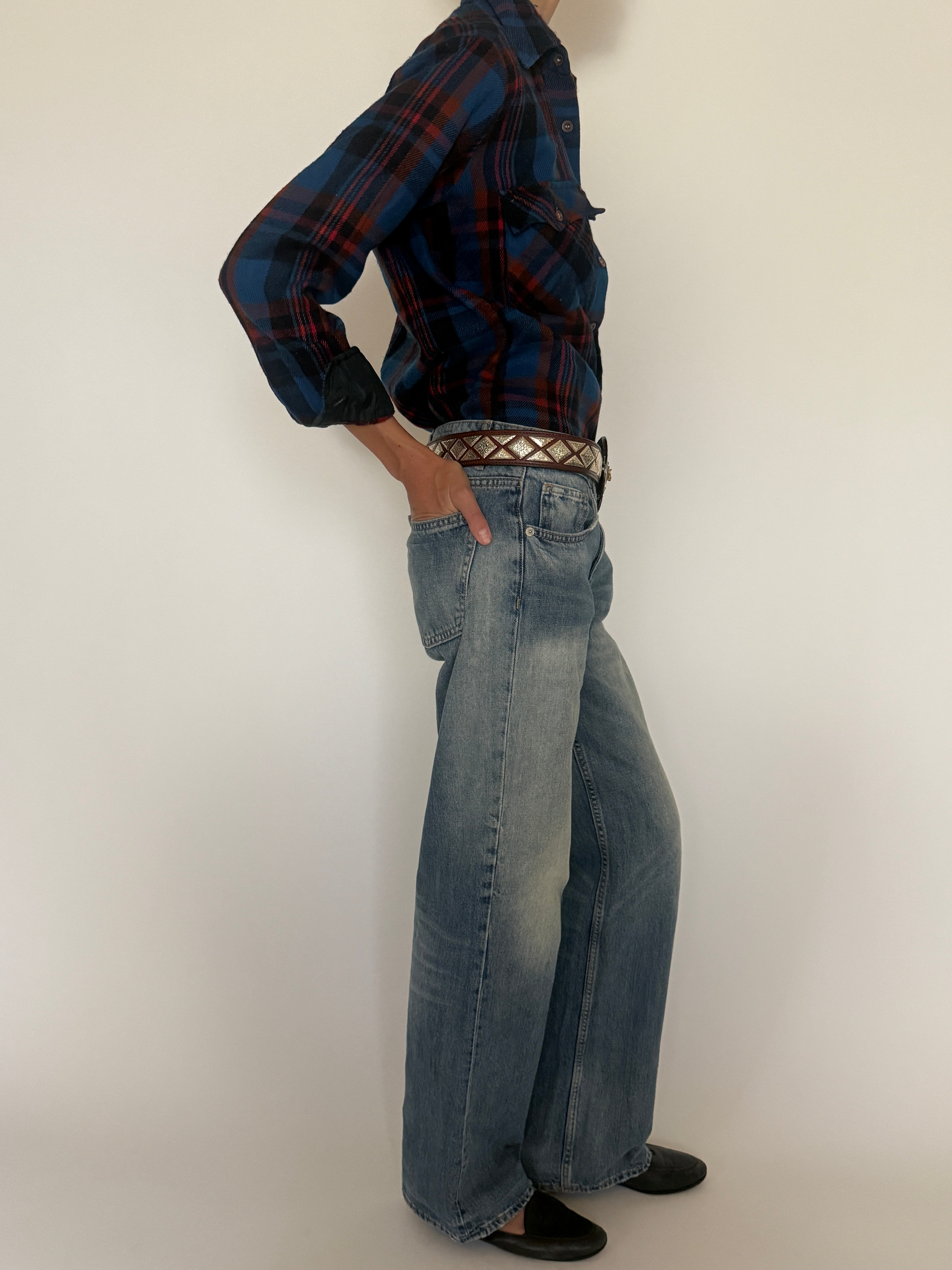 Vintage blue red and black plaid flannel shirt side view