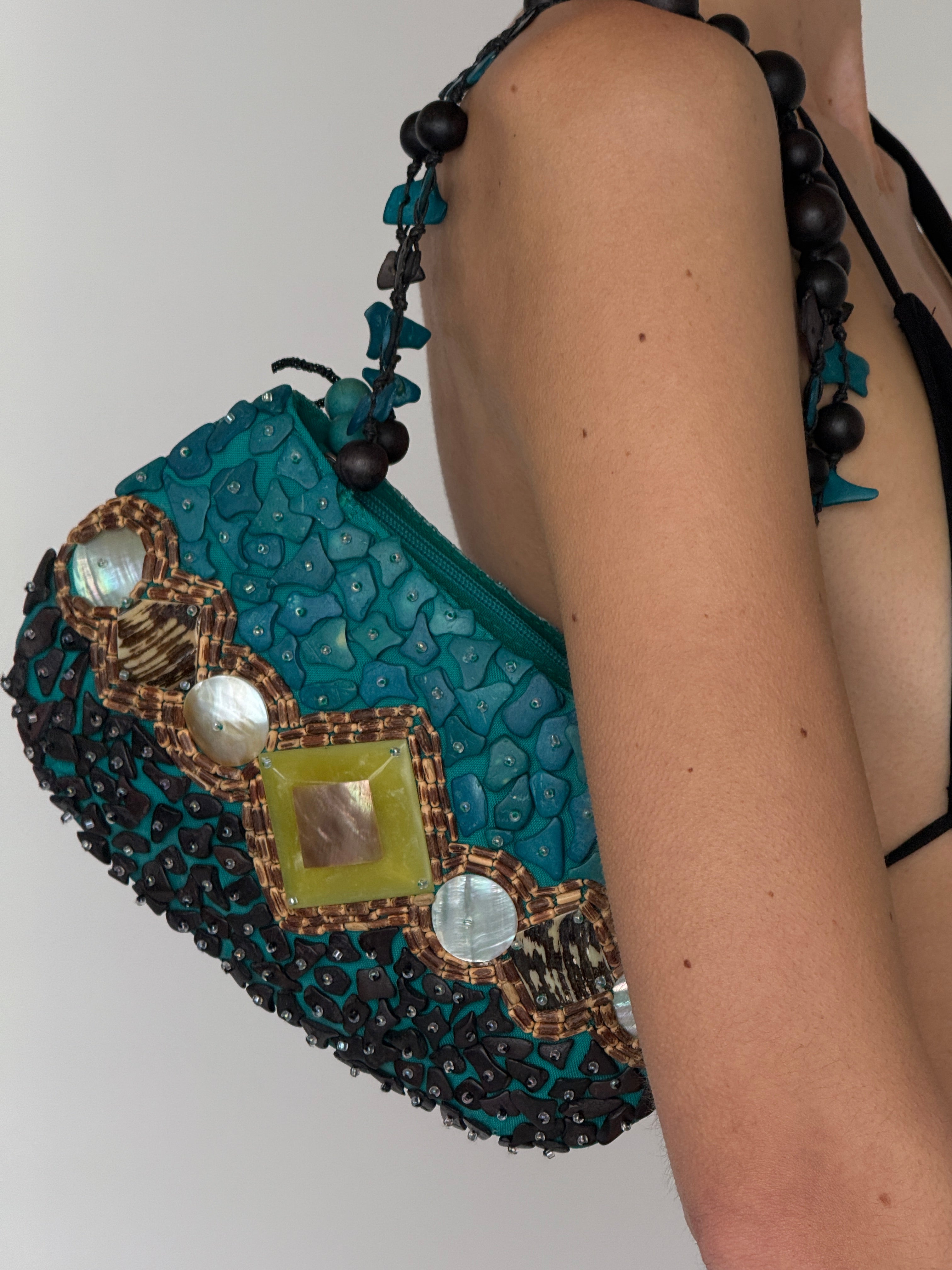 Vintage teal beaded mini handbag front view