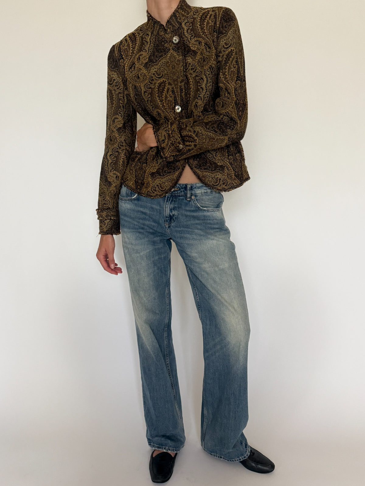 Vintage paisley jacket three-quarter front view brown