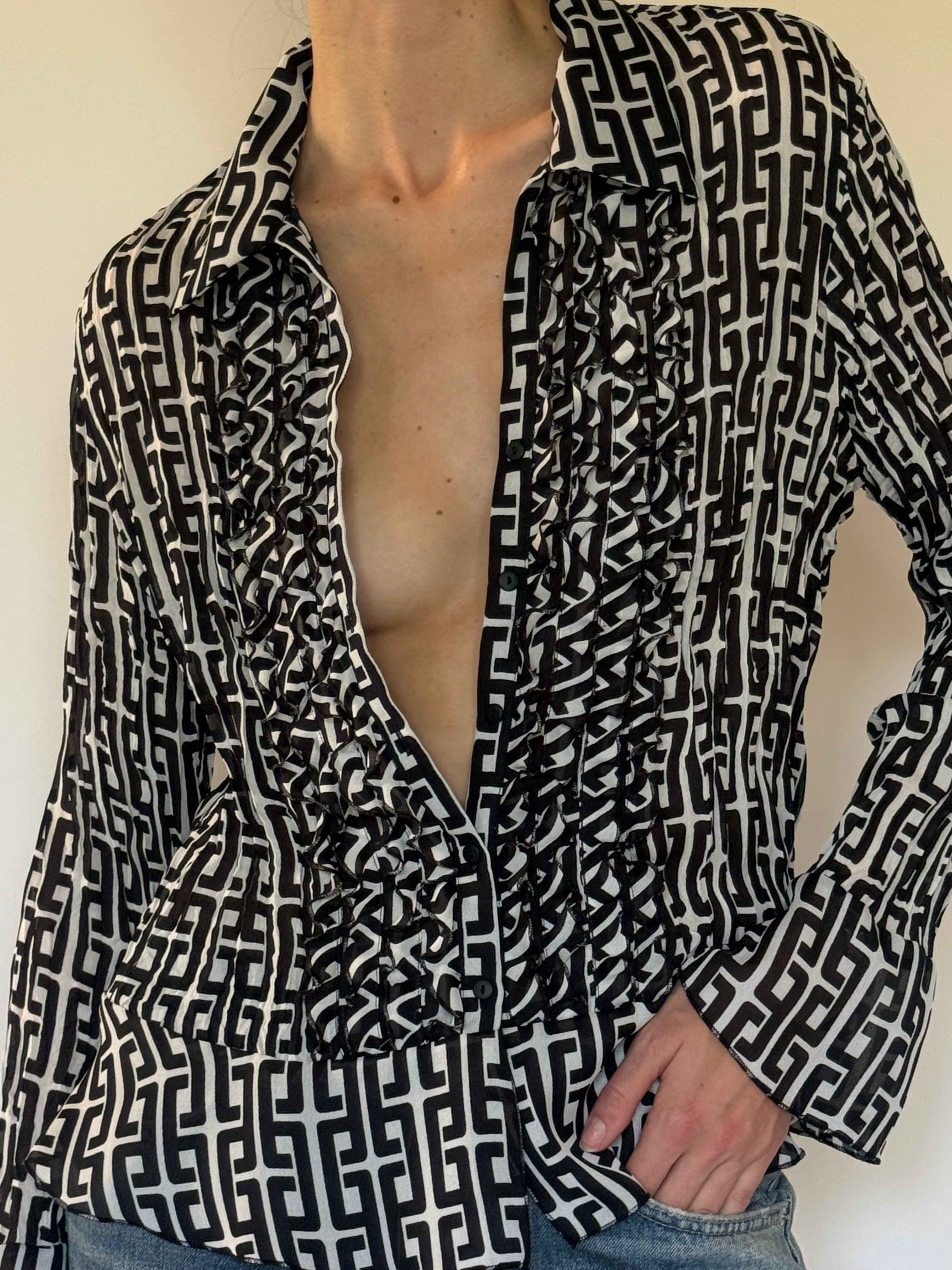 Vintage black and ivory ruffle blouse front view