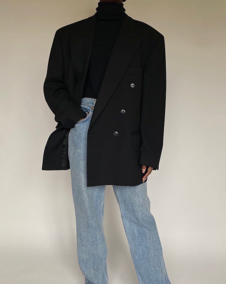 VINTAGE DOUBLE BREASTED BLACK WOOL BLAZER 1729