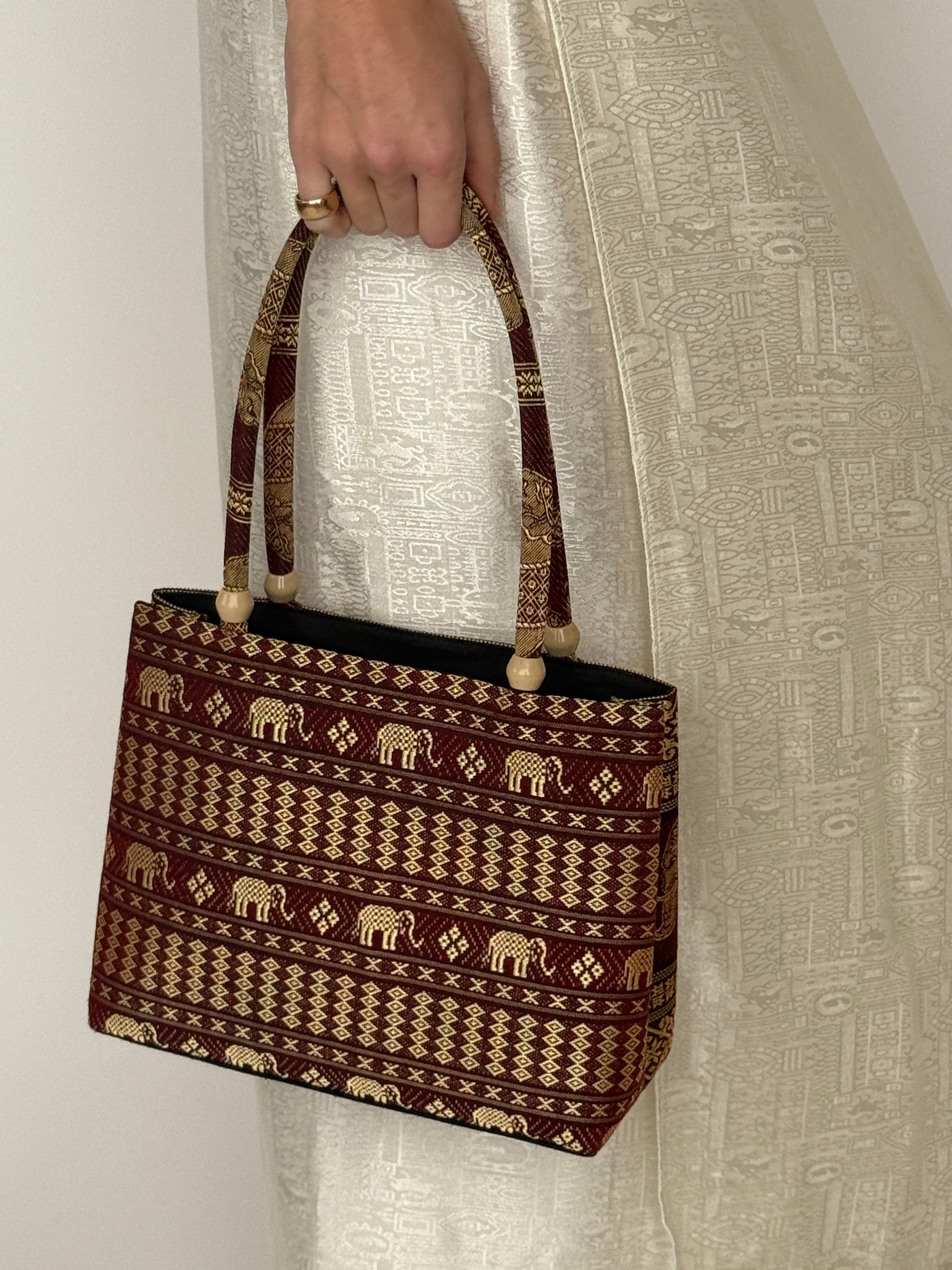 Vintage elephant tapestry shoulder bag back view burgundy and gold