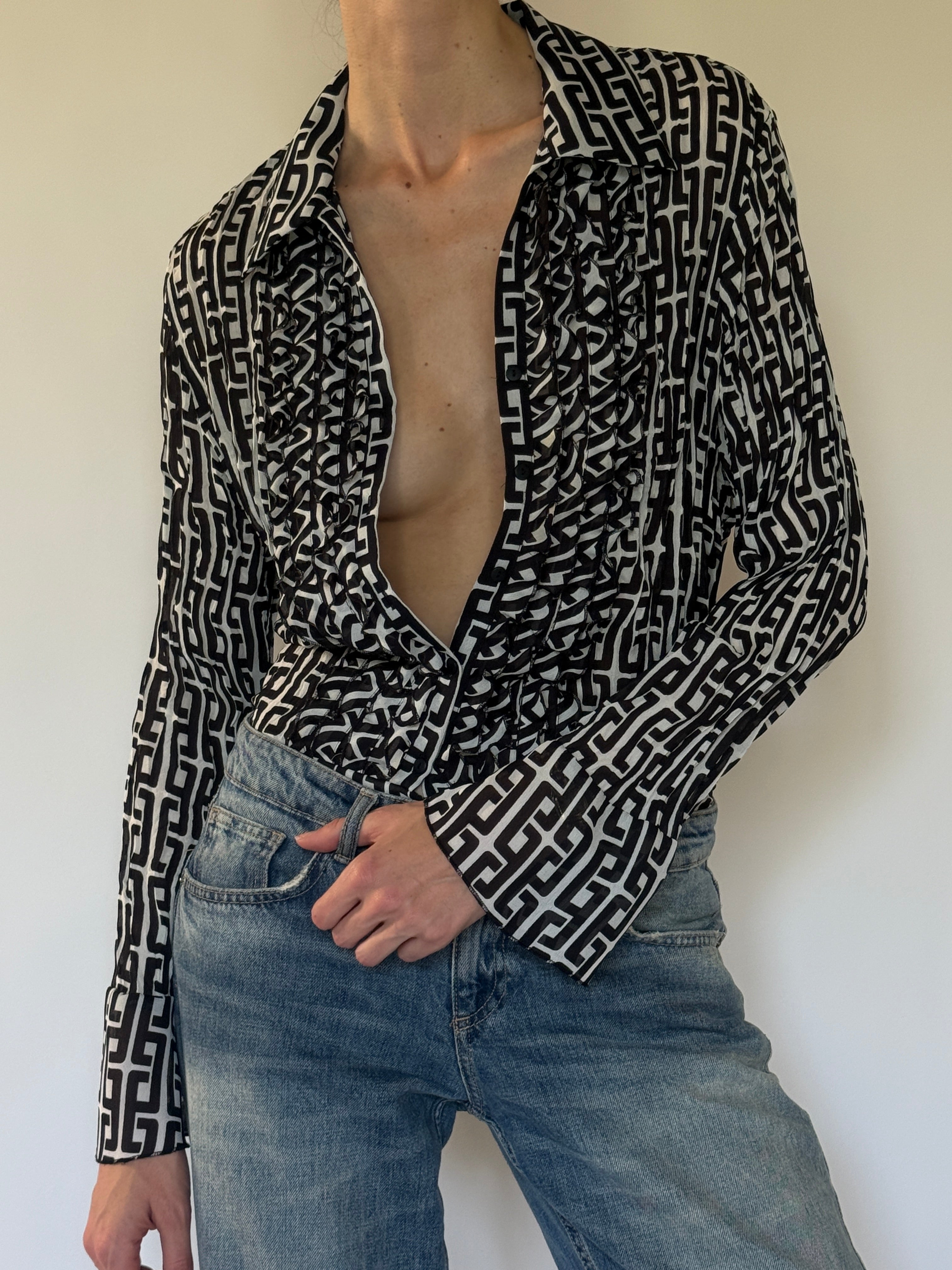 Vintage black and ivory ruffle blouse front view