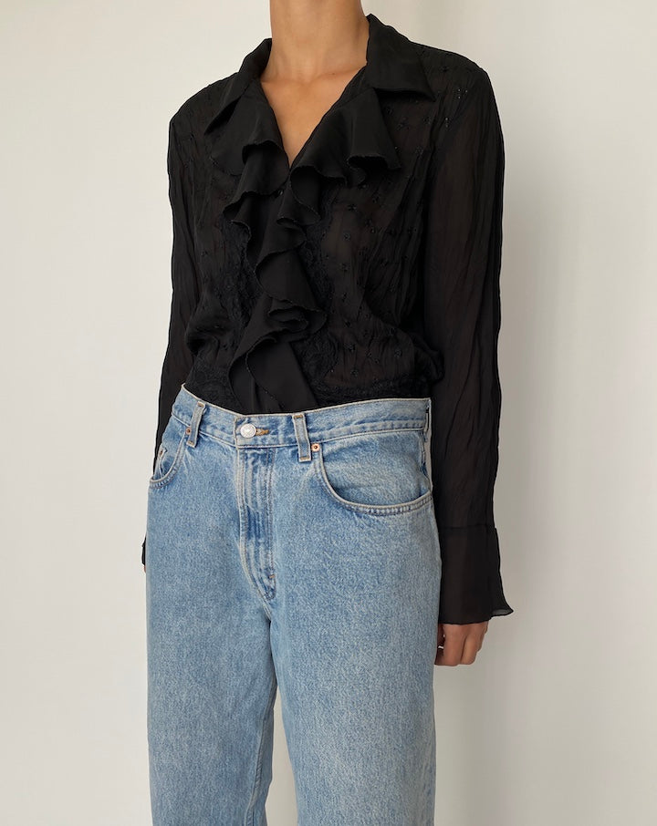 VINTAGE BLACK RUFFLED BLOUSE 2524