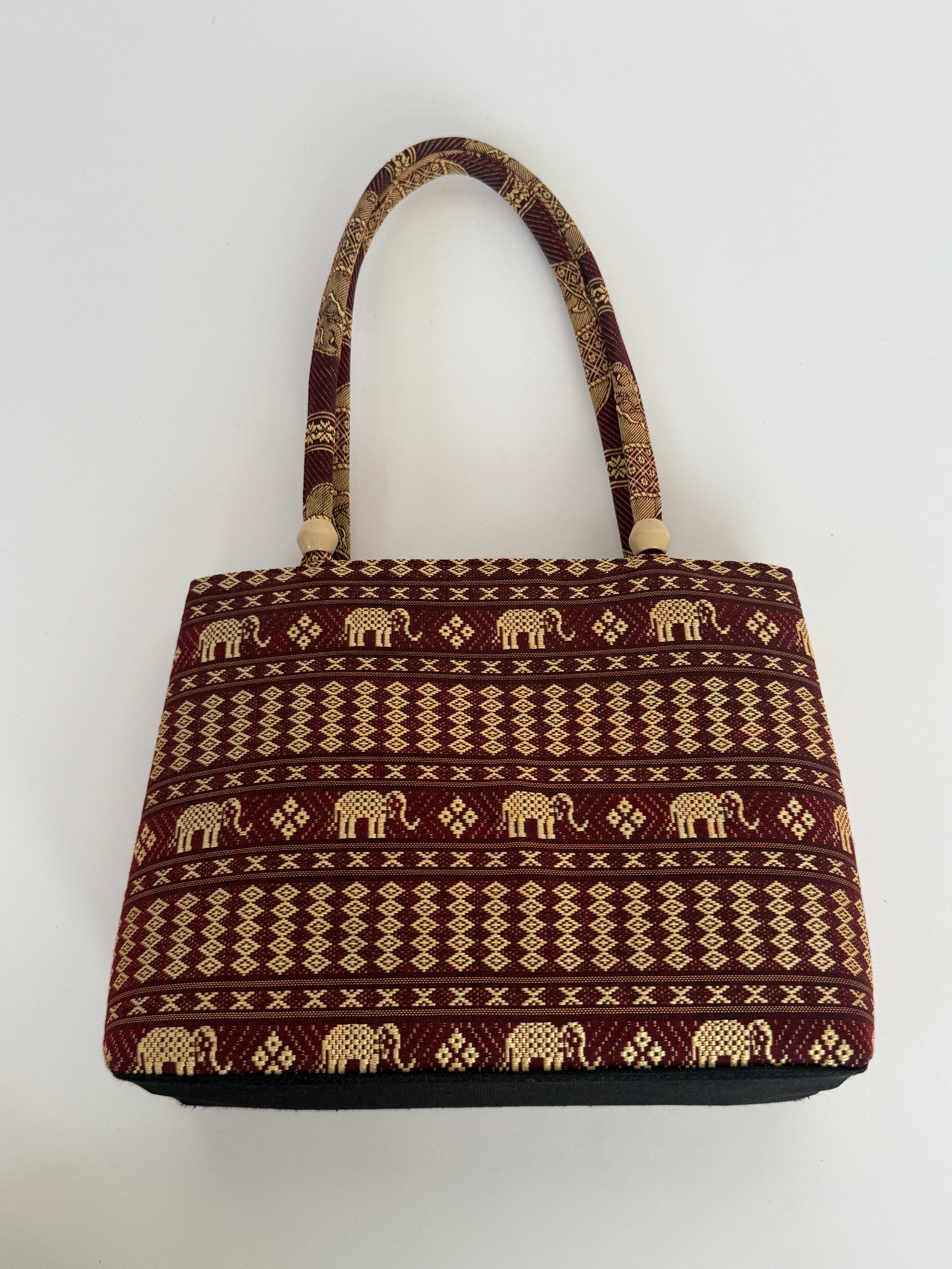 Vintage elephant tapestry shoulder bag back view burgundy and gold
