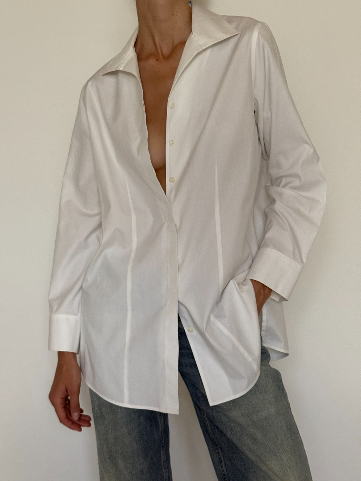 White longline button-down shirt modeled, SVC vintage sourced