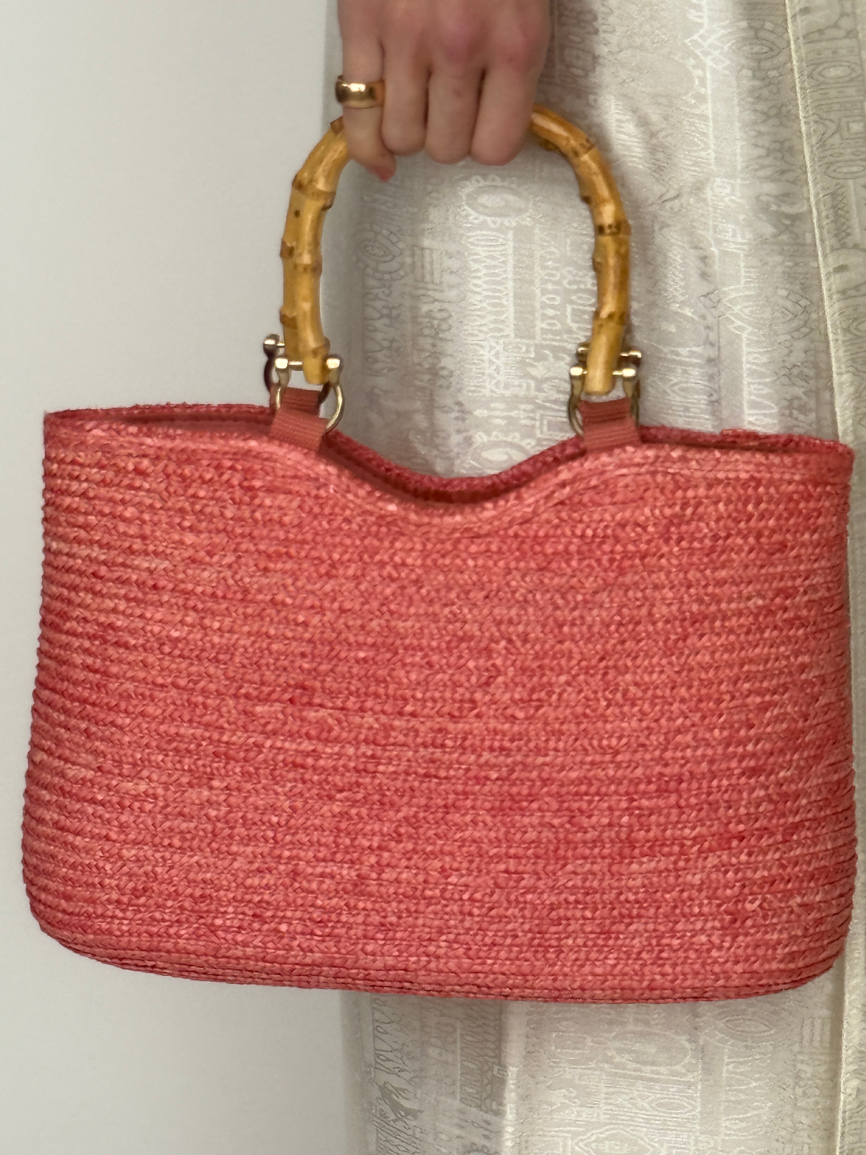 Vintage woven raffia bag front view