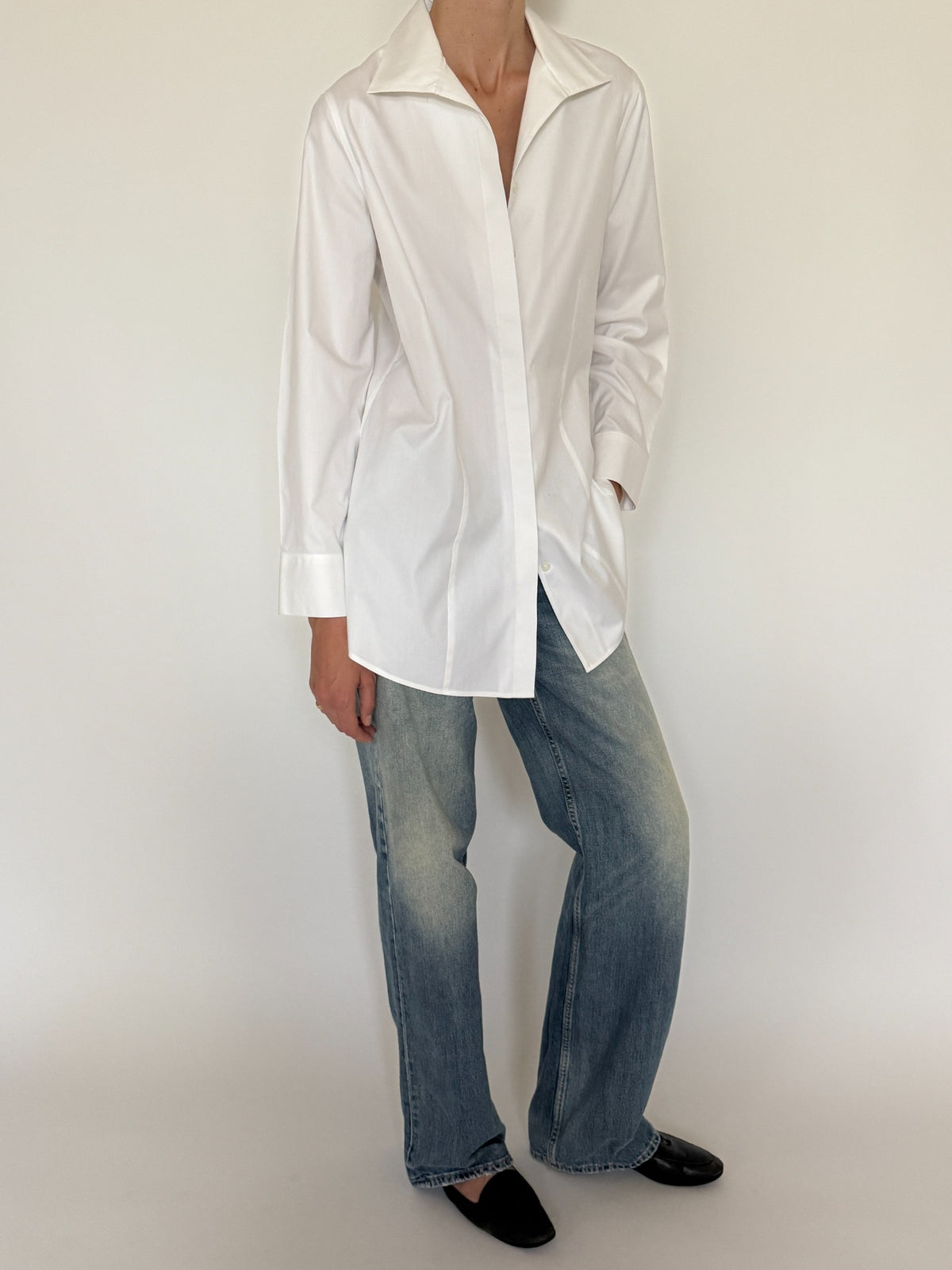White longline button-down shirt modeled, SVC vintage sourced