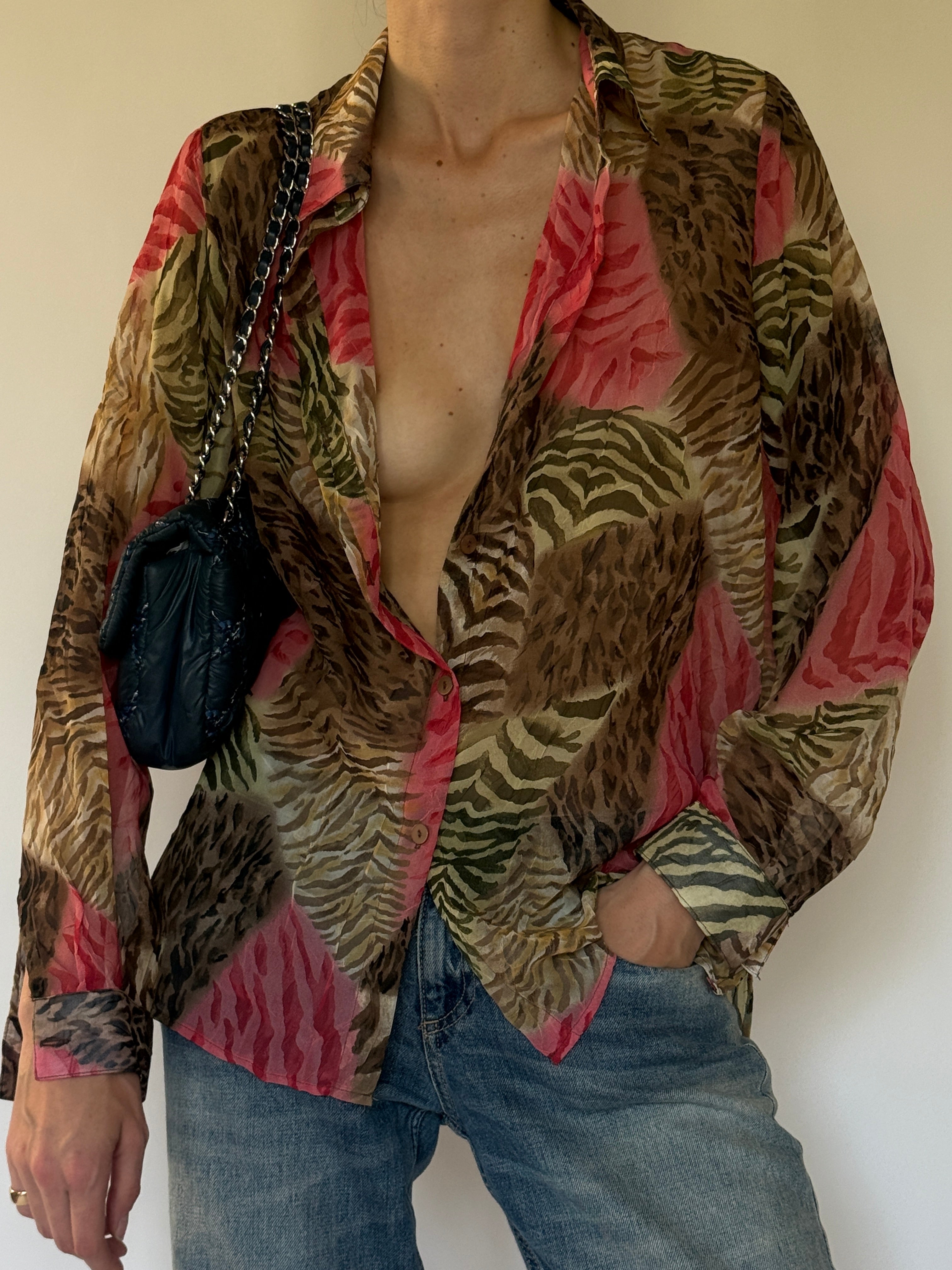 Vintage sheer animal print button-up shirt front view pink and brown