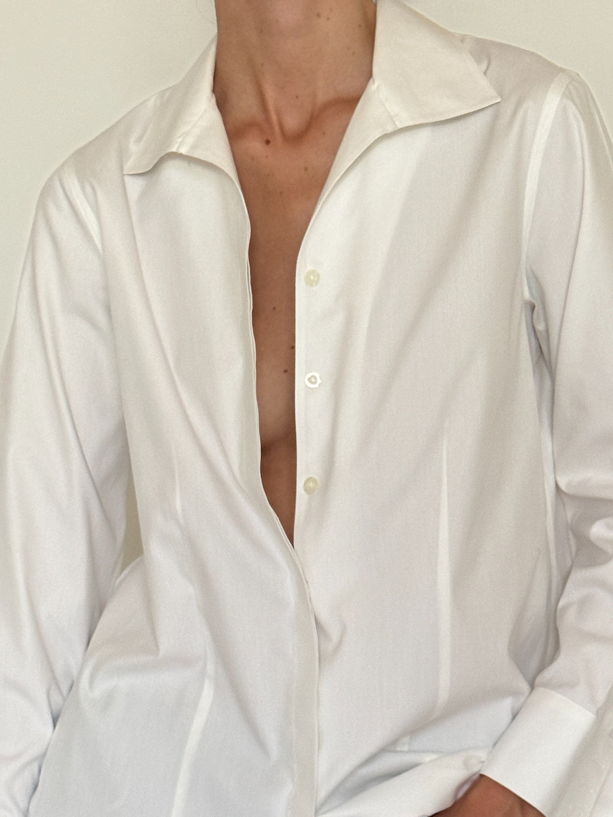 White longline button-down shirt modeled, SVC vintage sourced