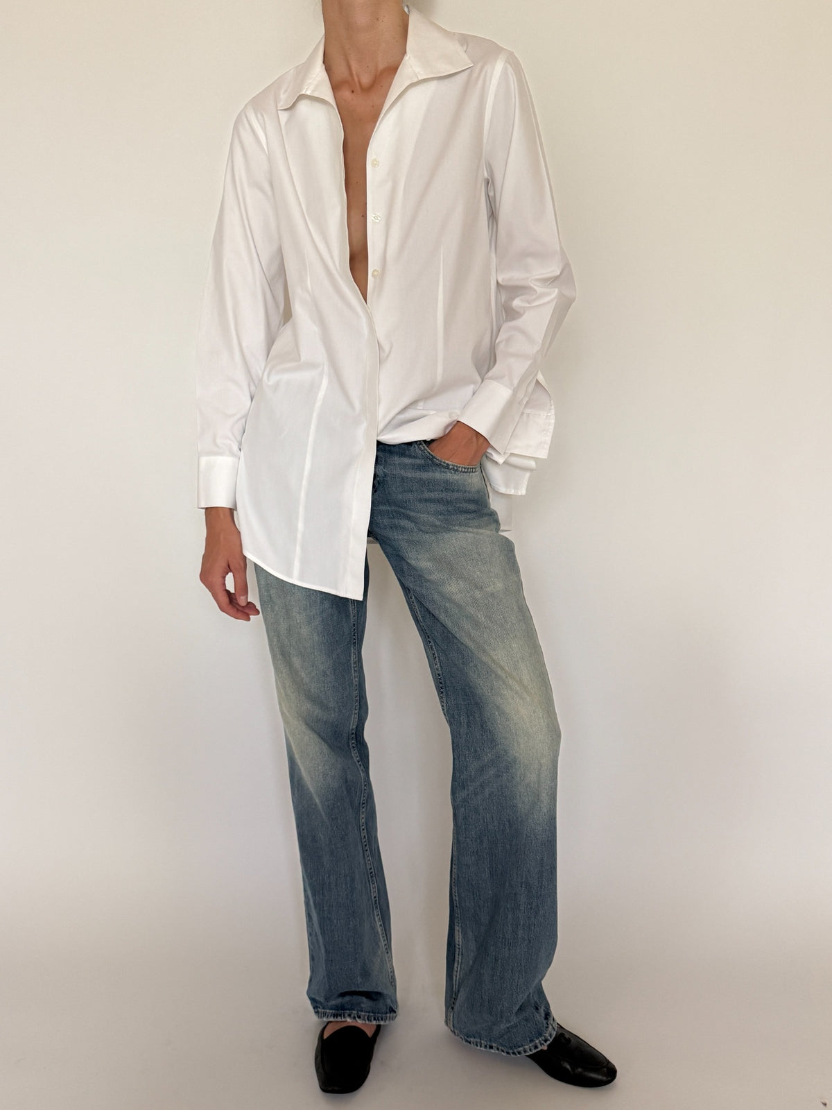 White longline button-down shirt modeled, SVC vintage sourced