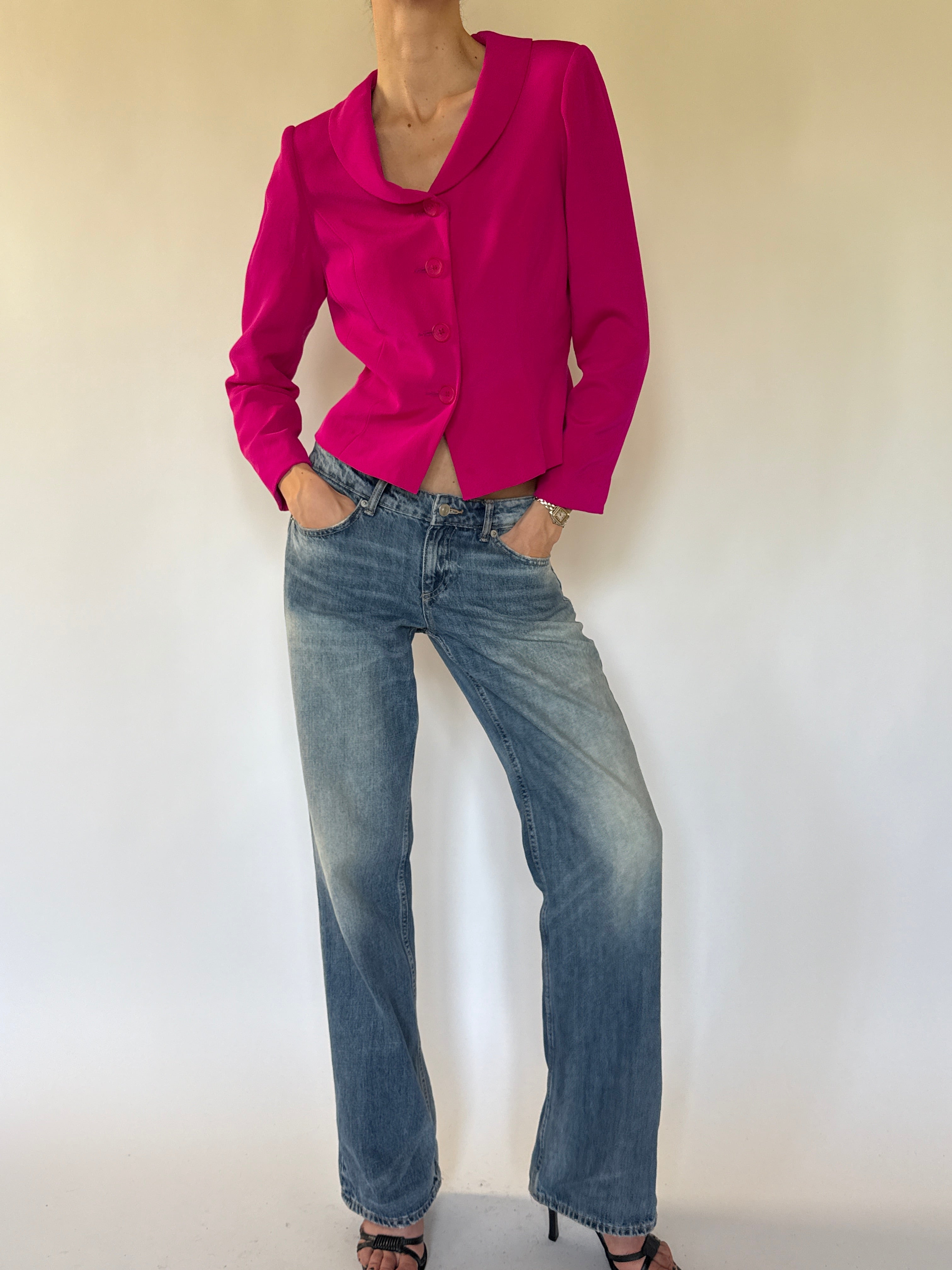 Vintage pink silk jacket angled view with elegant silhouette