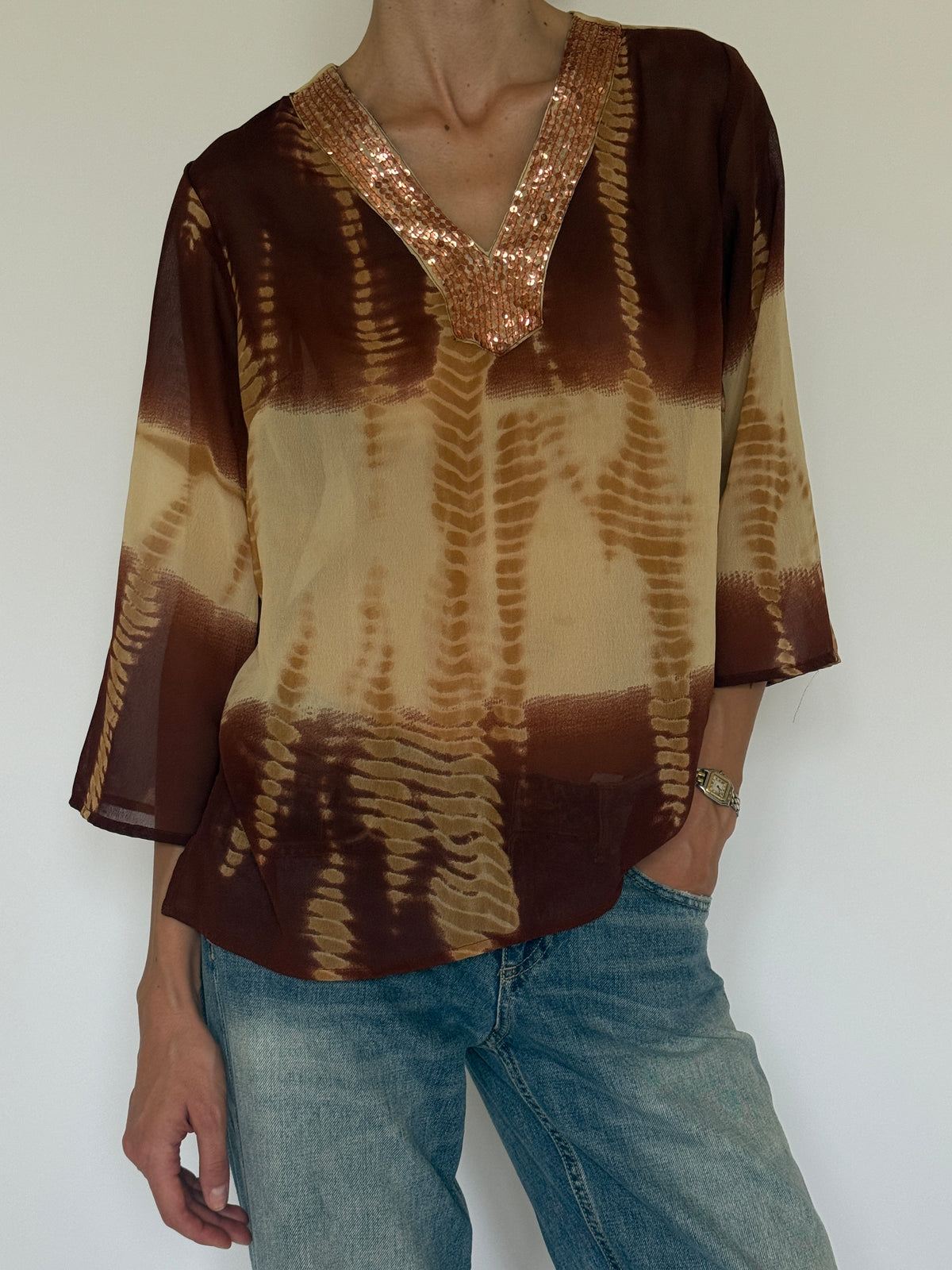 Vintage brown and camel sequin blouse front view
