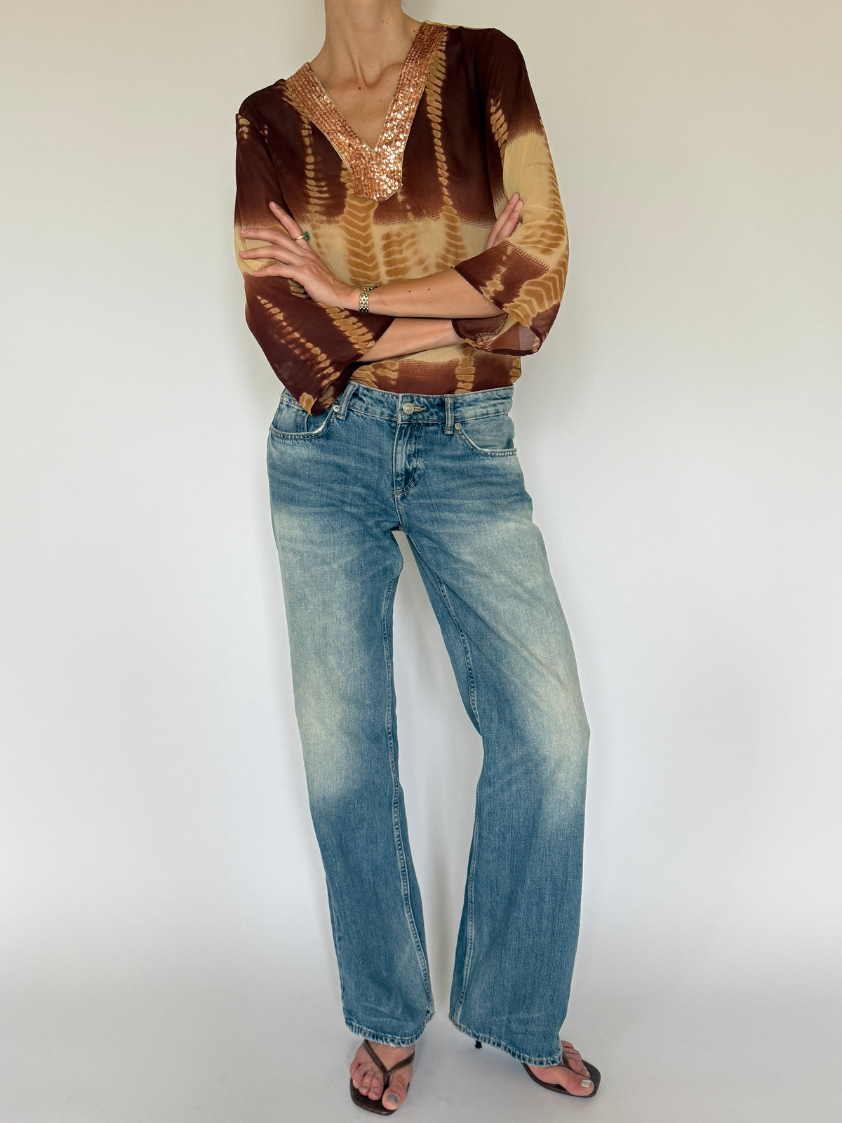 Vintage brown and camel sequin blouse front view