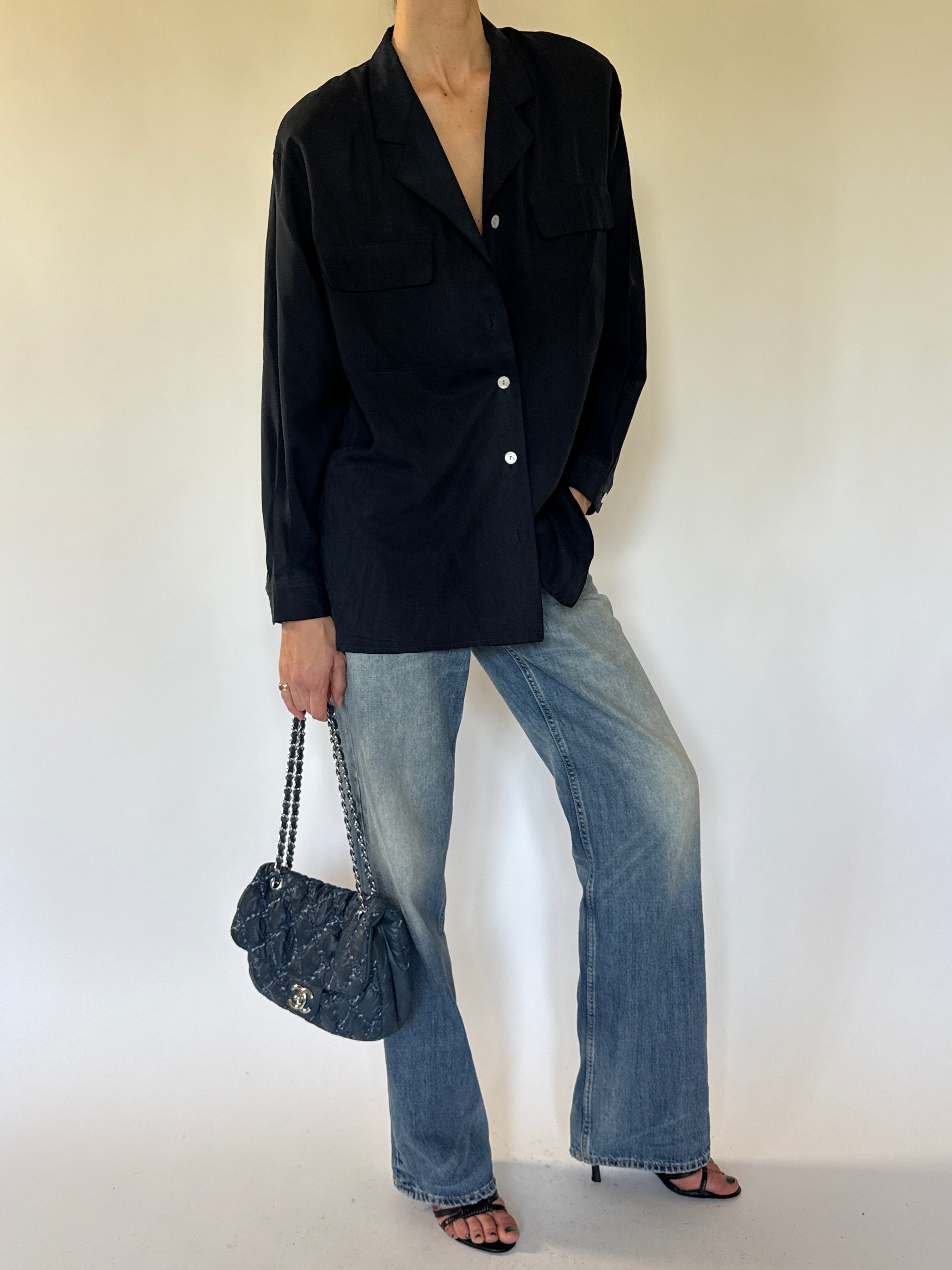 Vintage black silk oversized shirt front view
