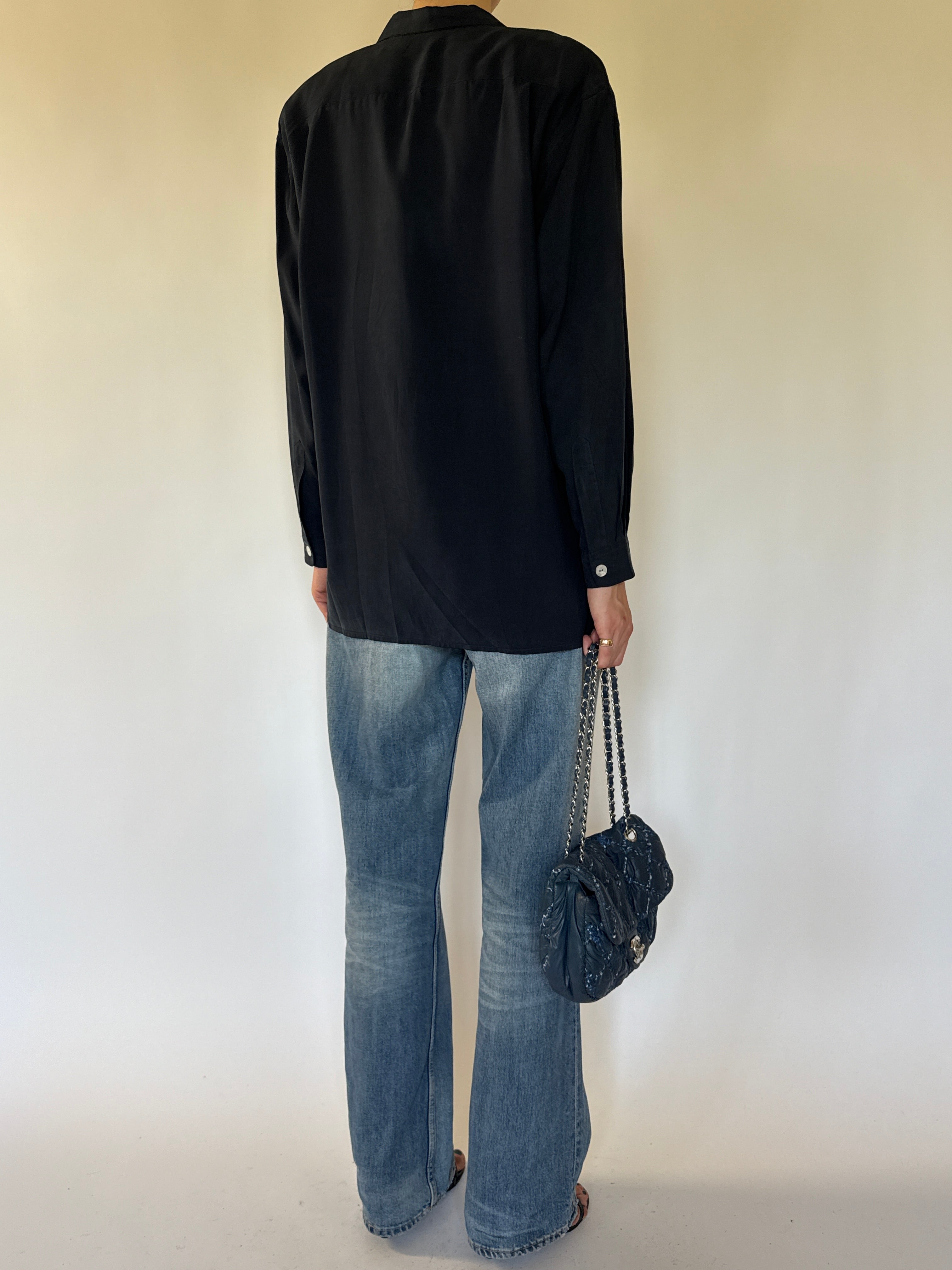 Vintage black silk oversized shirt back view