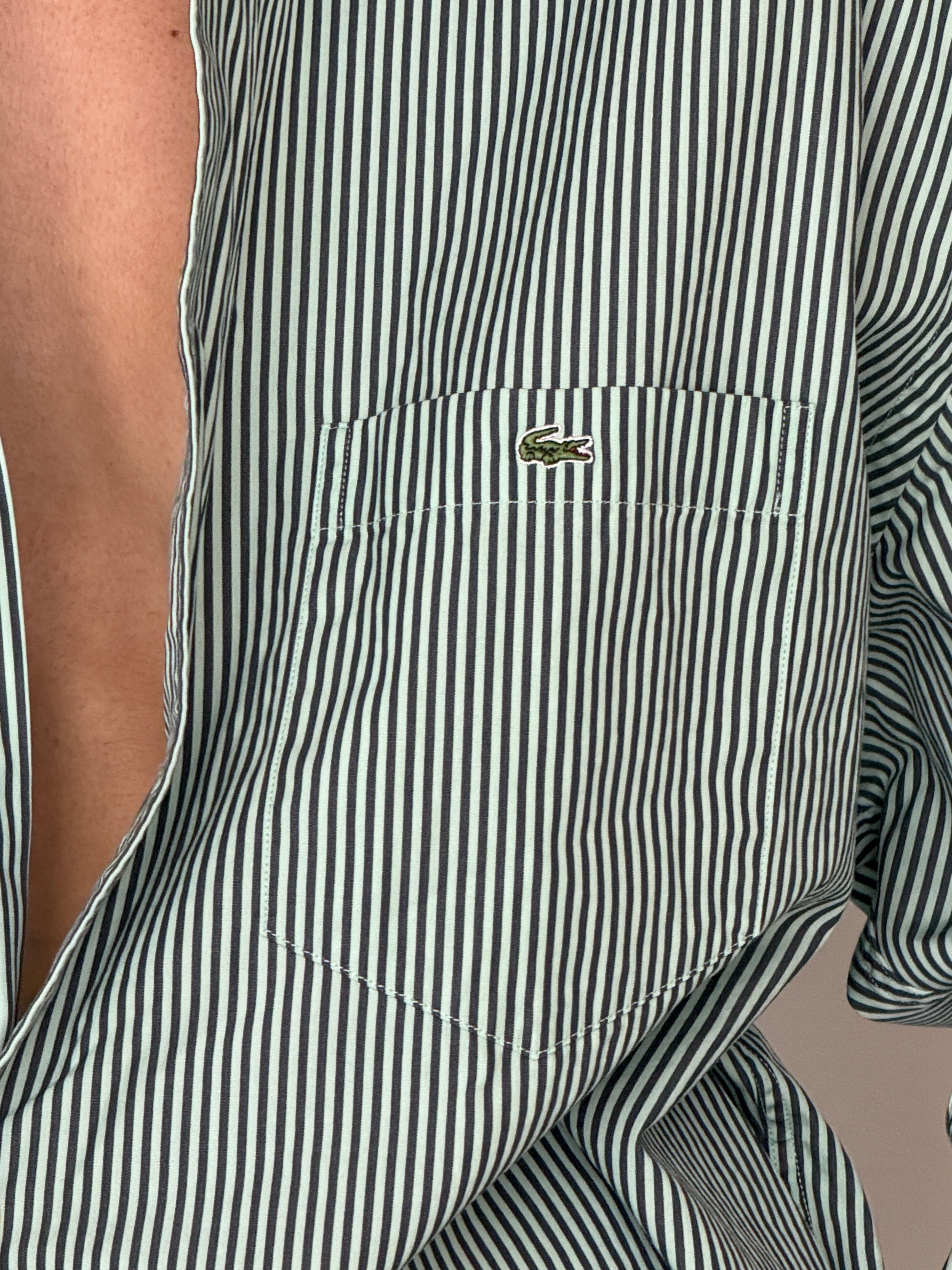 Vintage Lacoste green striped cotton shirt stripe fabric close-up