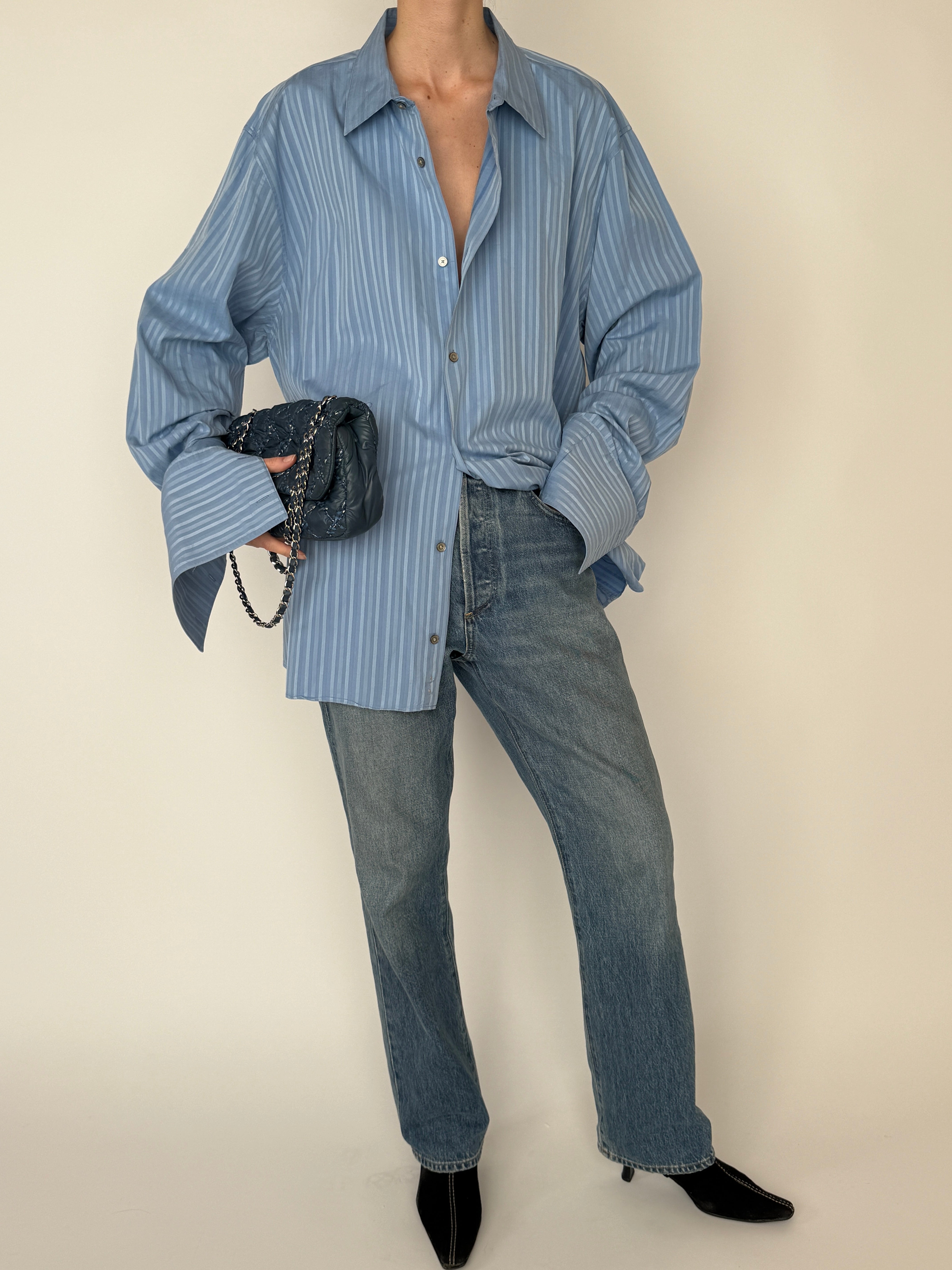 Vintage blue striped shirt front view