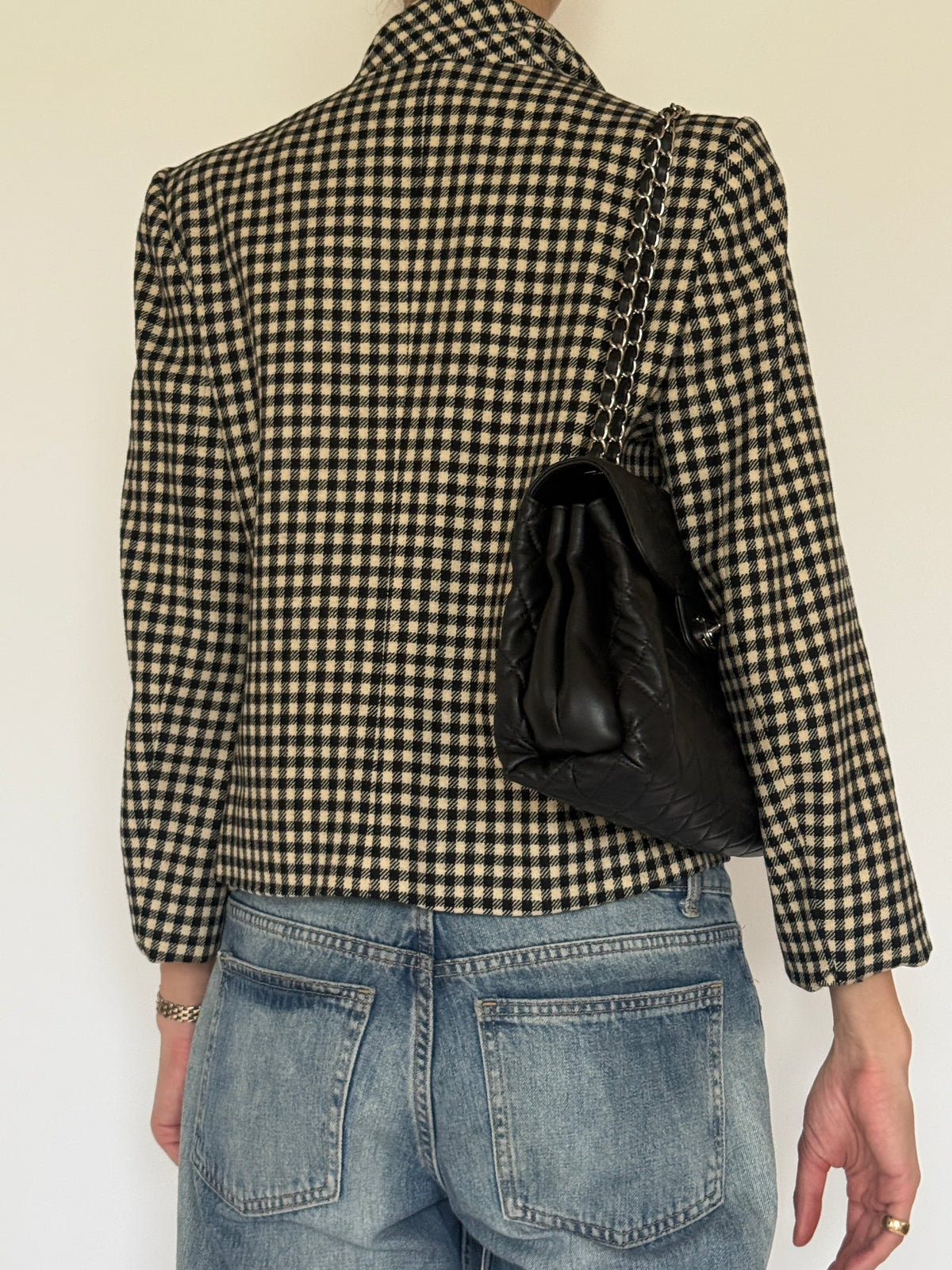 Vintage Checkered Structured Blazer Black Ivory 7528