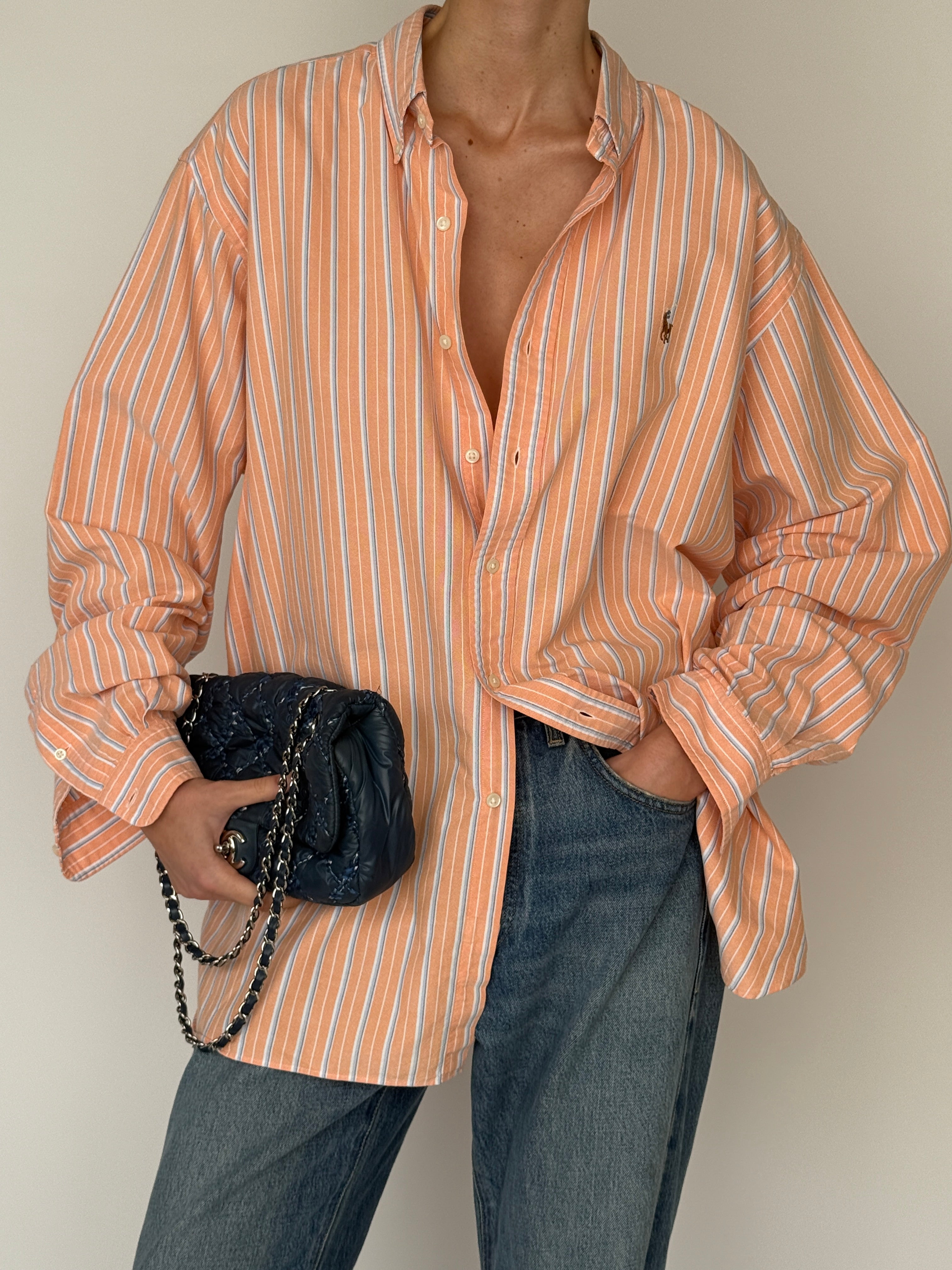 Vintage Ralph Lauren peach striped button-up shirt collar detail