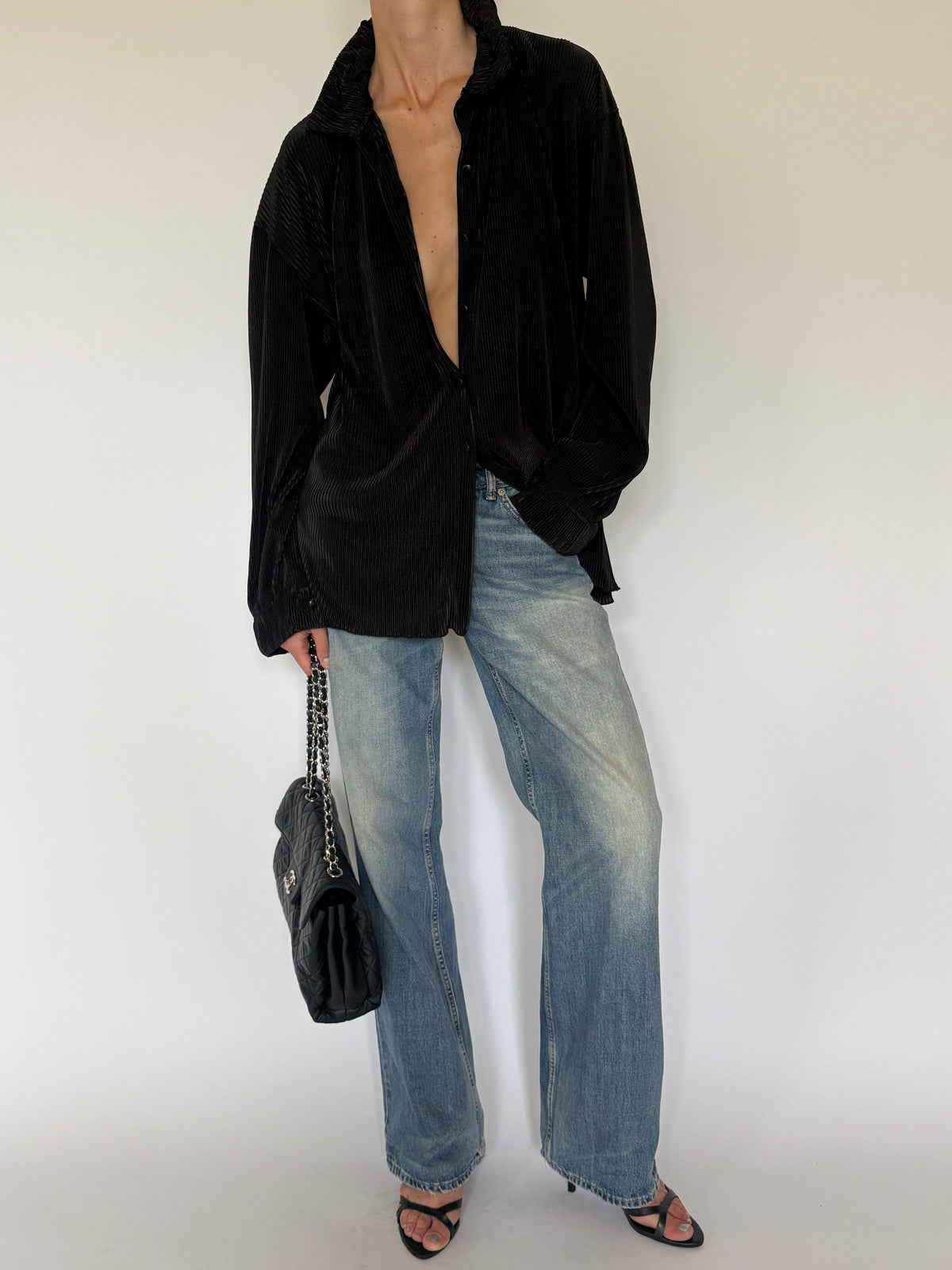 Vintage Oversized Pleated Button Up Blouse Black 7238