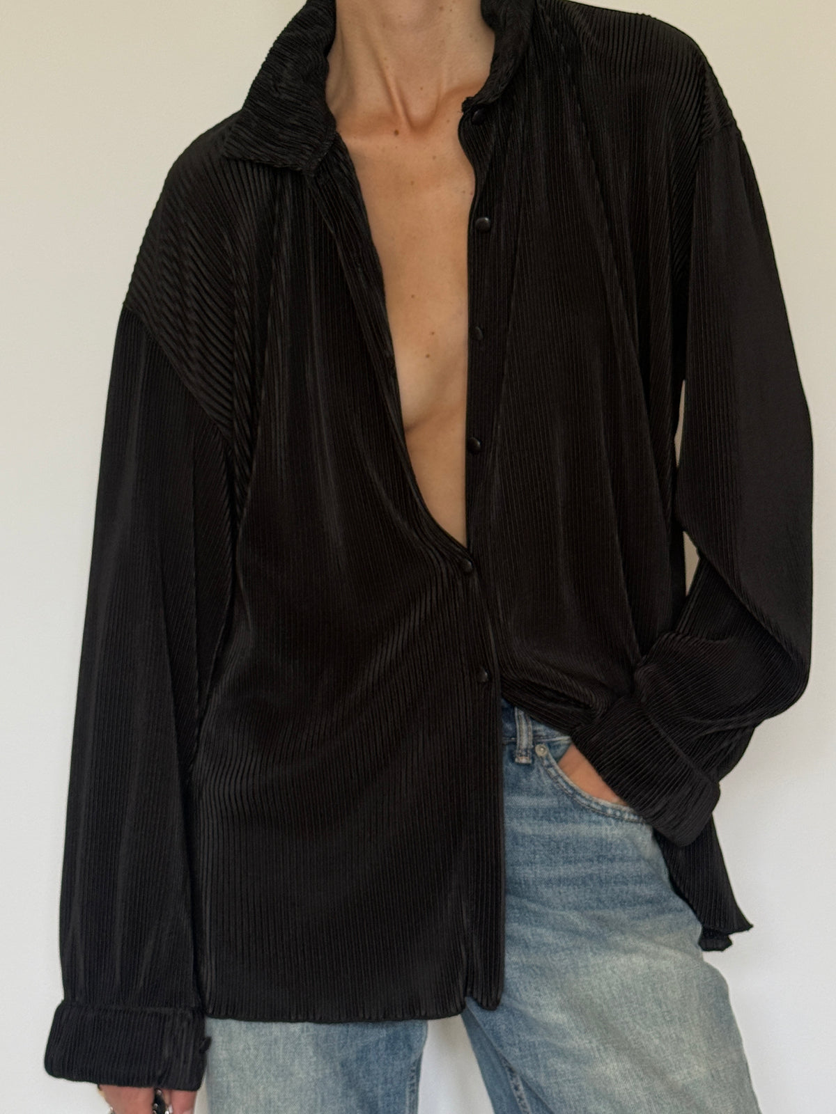 Vintage Oversized Pleated Button Up Blouse Black 7238