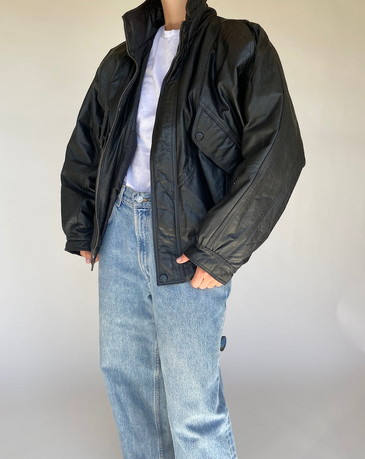 VINTAGE BOXY BLACK LEATHER JACKET 1109