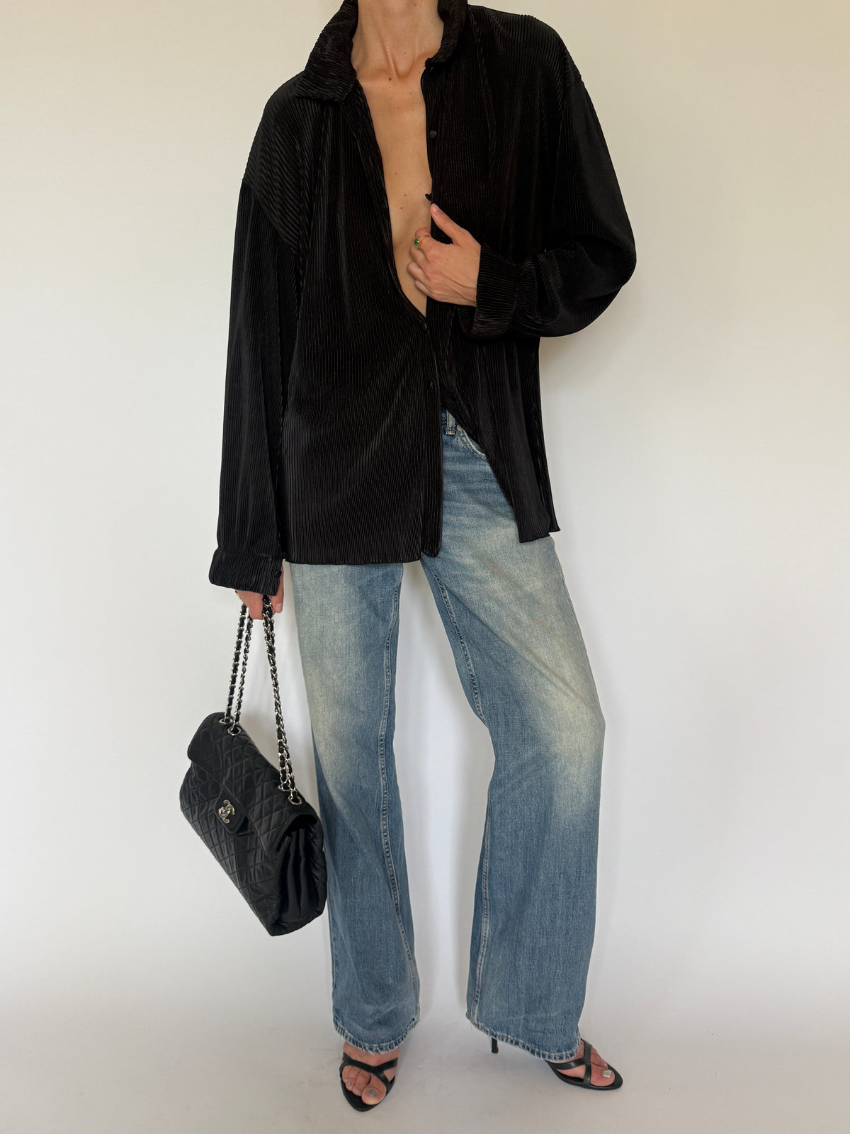 Vintage Oversized Pleated Button Up Blouse Black 7238