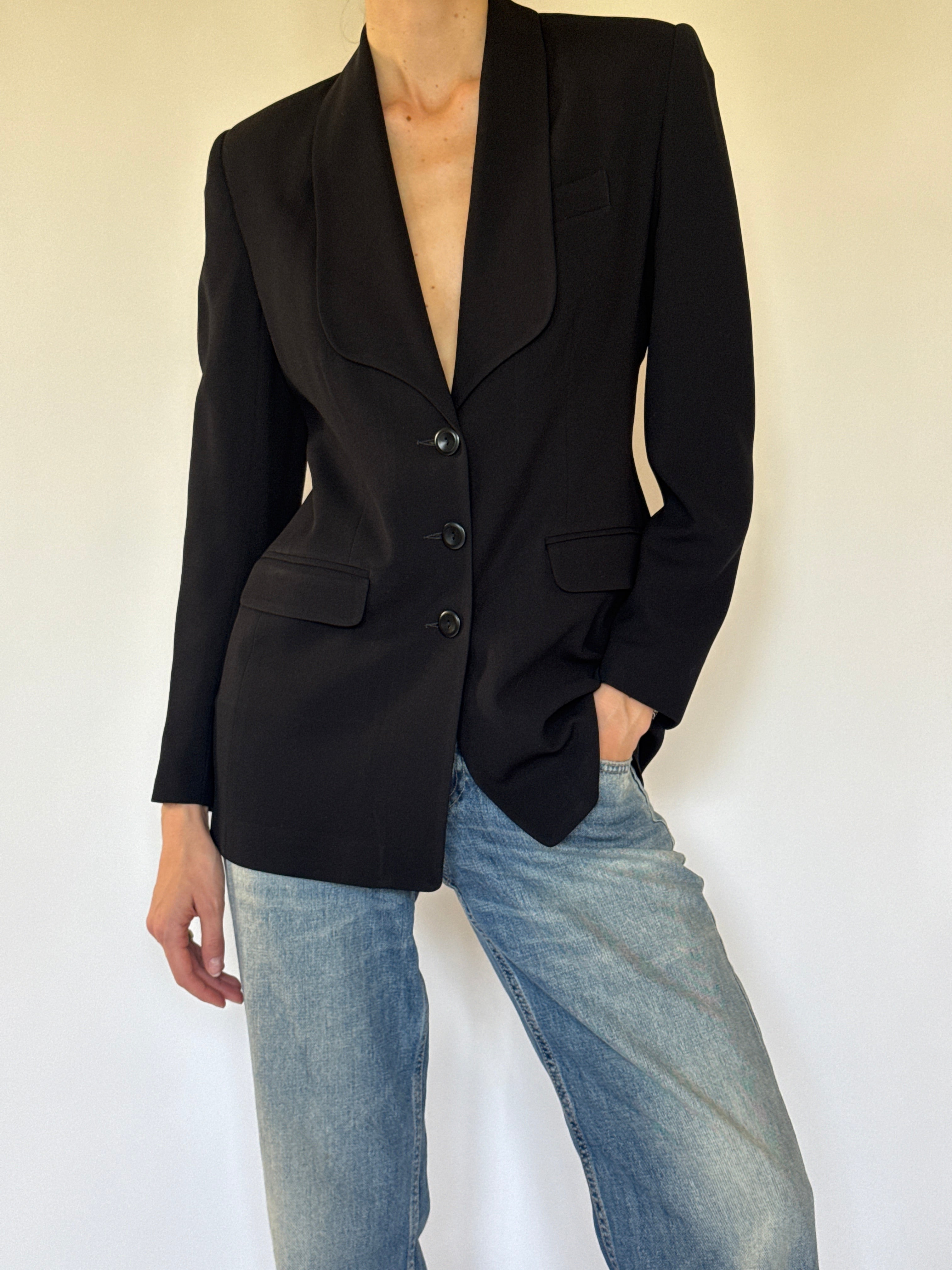 Vintage black shawl collar blazer front view