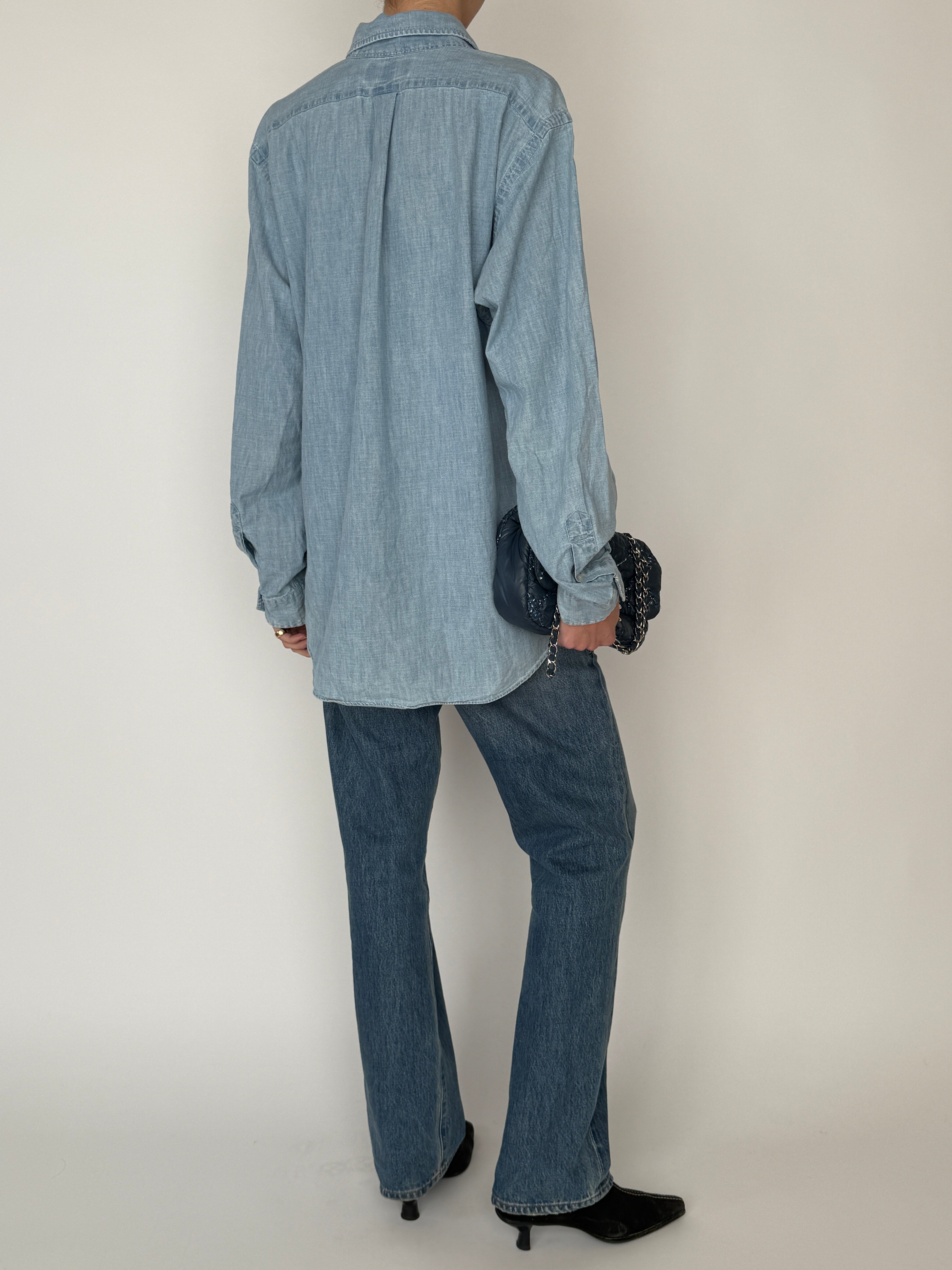 Vintage Ralph Lauren long sleeve button-down shirt in light blue chambray back view