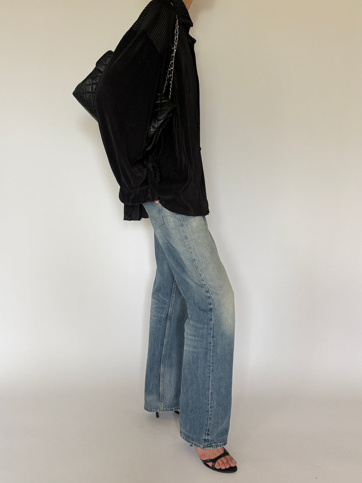 Vintage Oversized Pleated Button Up Blouse Black 7238