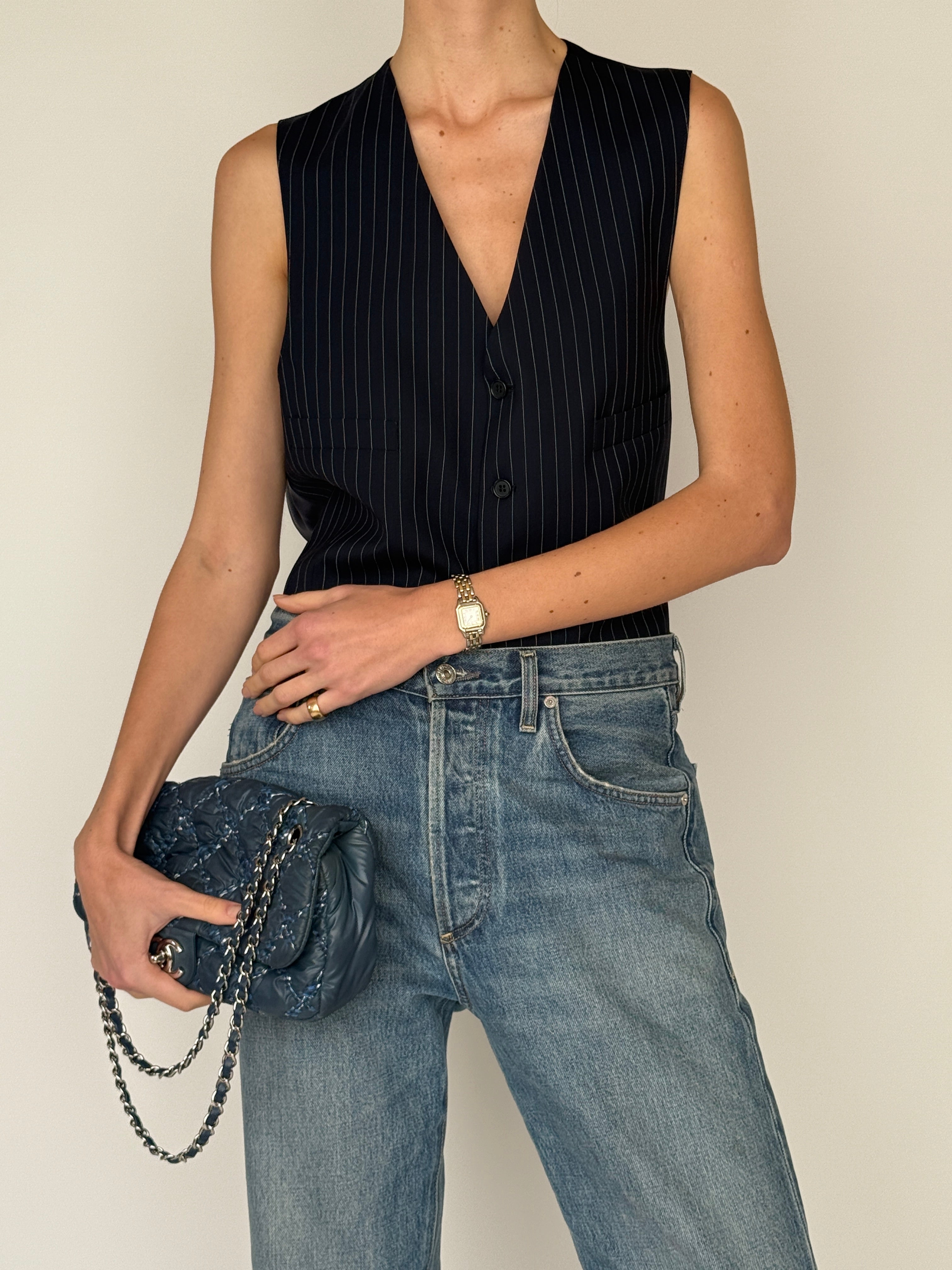 Vintage fitted pinstripe waistcoat top navy