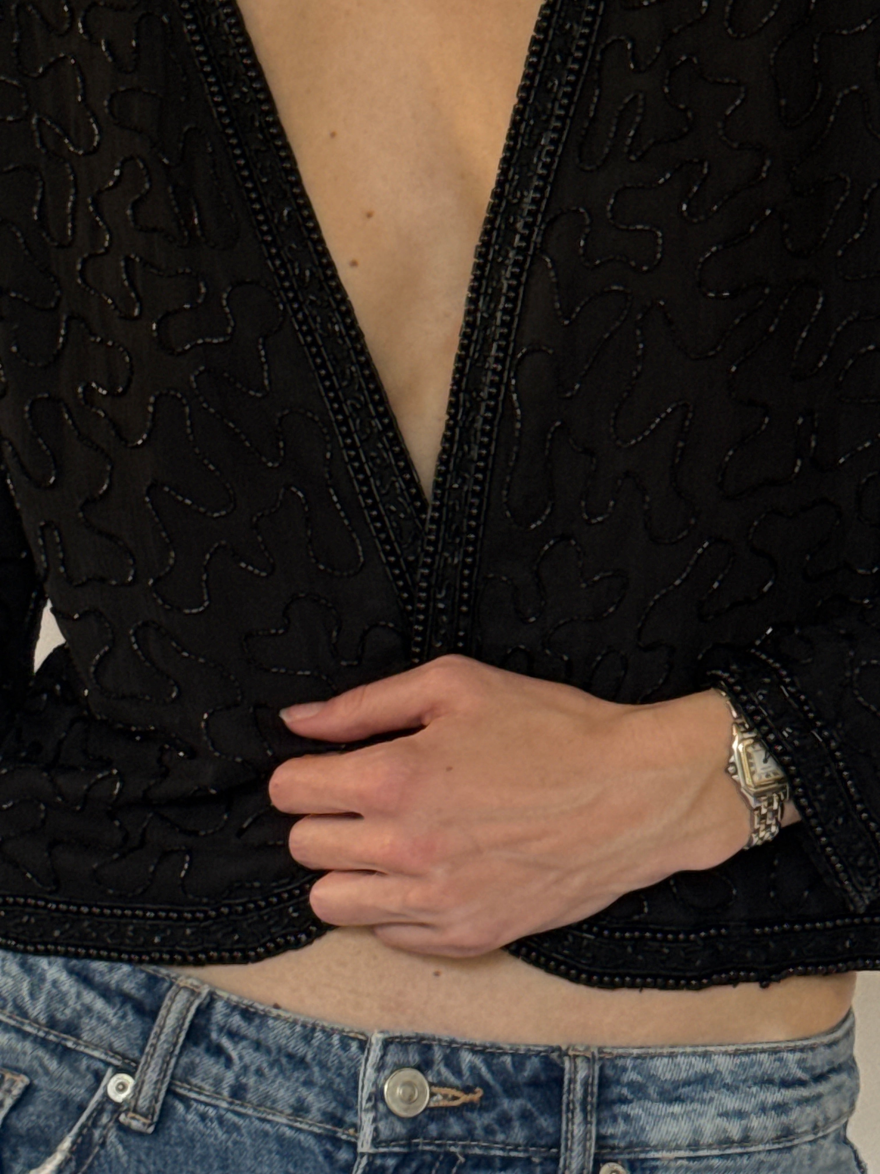 Vintage black tonal beadwork close-up