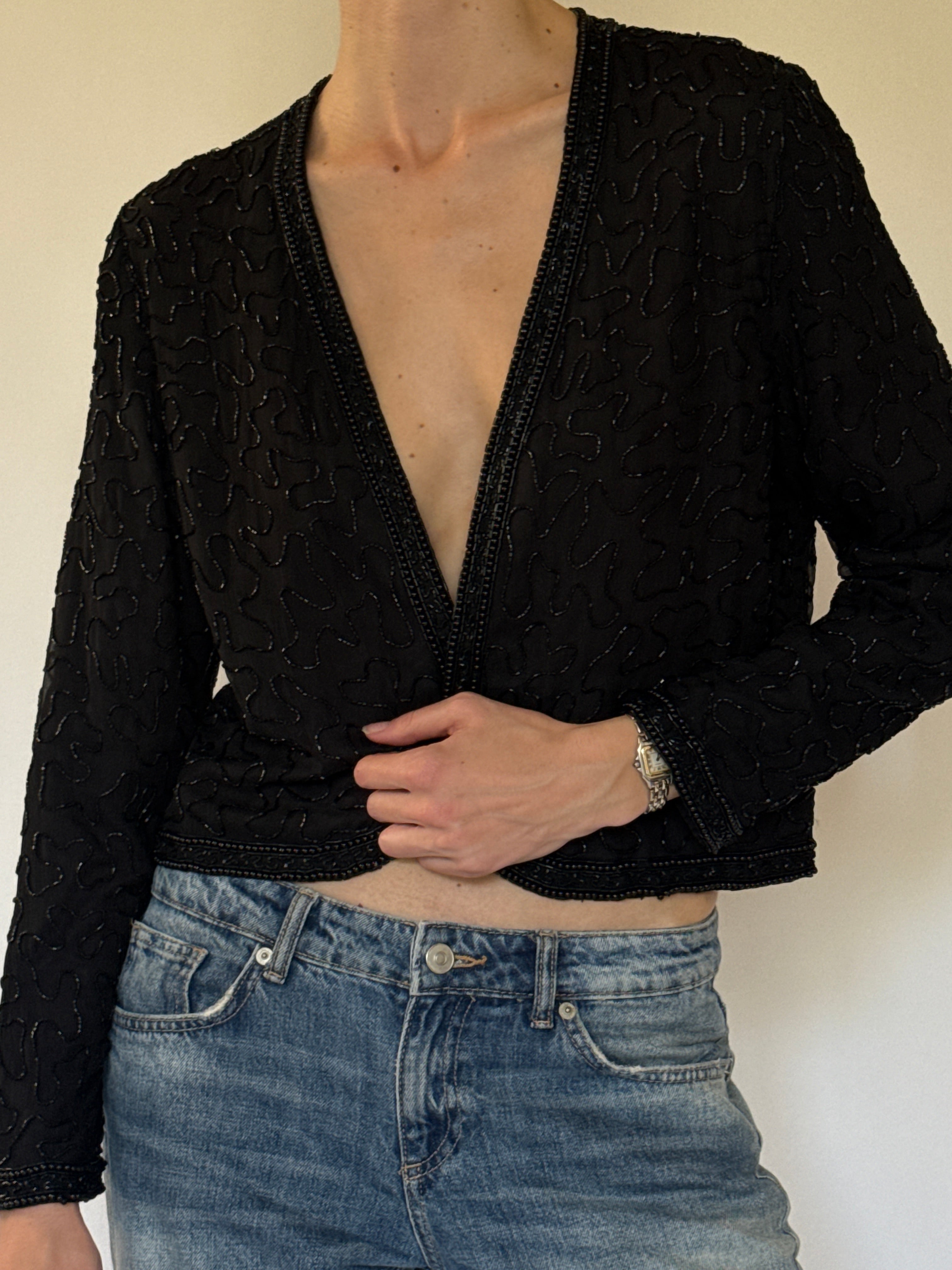 Vintage black beaded evening cardigan front view