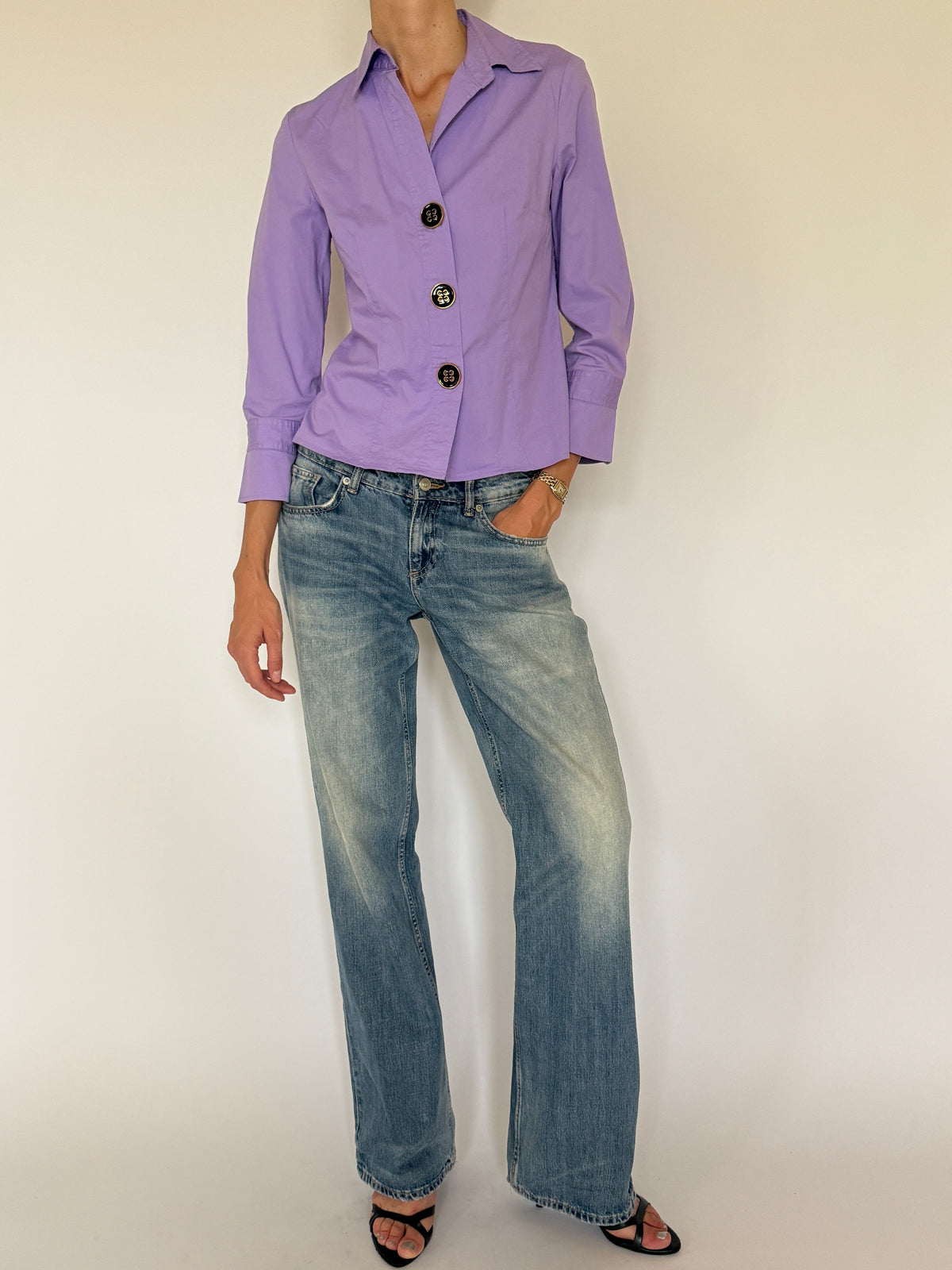 Vintage Tailored Button-Front Blouse Purple 7386