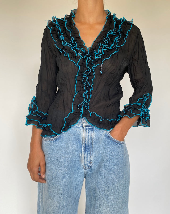 VINTAGE BLACK RUFFLED BLOUSE 1740
